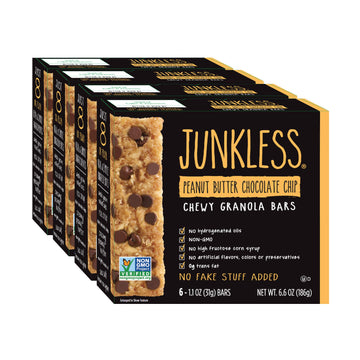 Junkless Chewy Granola Bars, Peanut Butter Chocolate Chip, 24 Bars (6 X 1.1 Oz Bars/Box - 4 Boxes), Non-Gmo, Low Sugar, Great Tasting, Made For Kids & Families