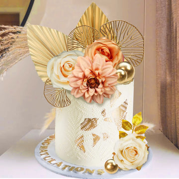 Drwate Cake Topper, 11Pcs Boho Flower Gold Leaves Cake Decorations For Wedding Baby Shower Birthday Party Supplies