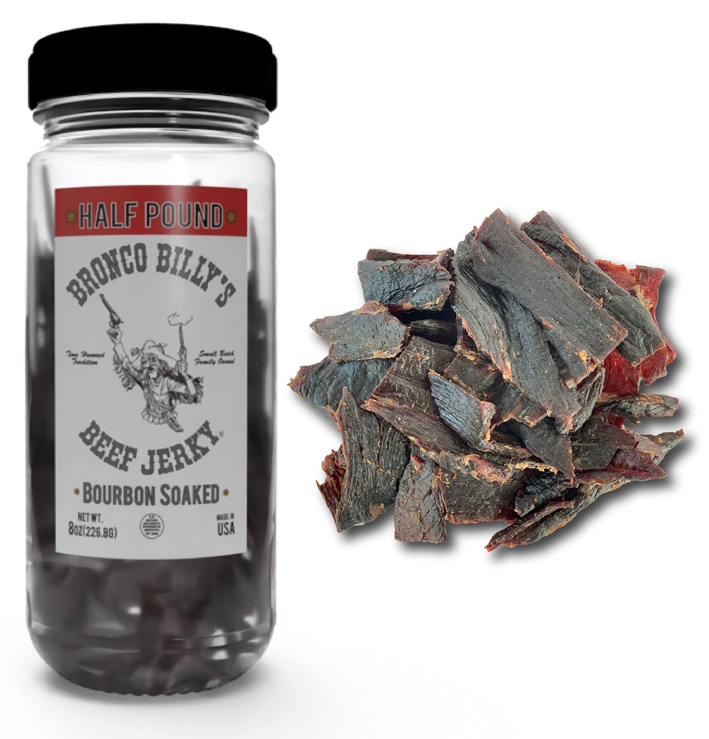 Bronco Billys Beef Jerky Spirit-Inspired Flavor Soaked Half Pound Jar - 8Oz - New Jar Design