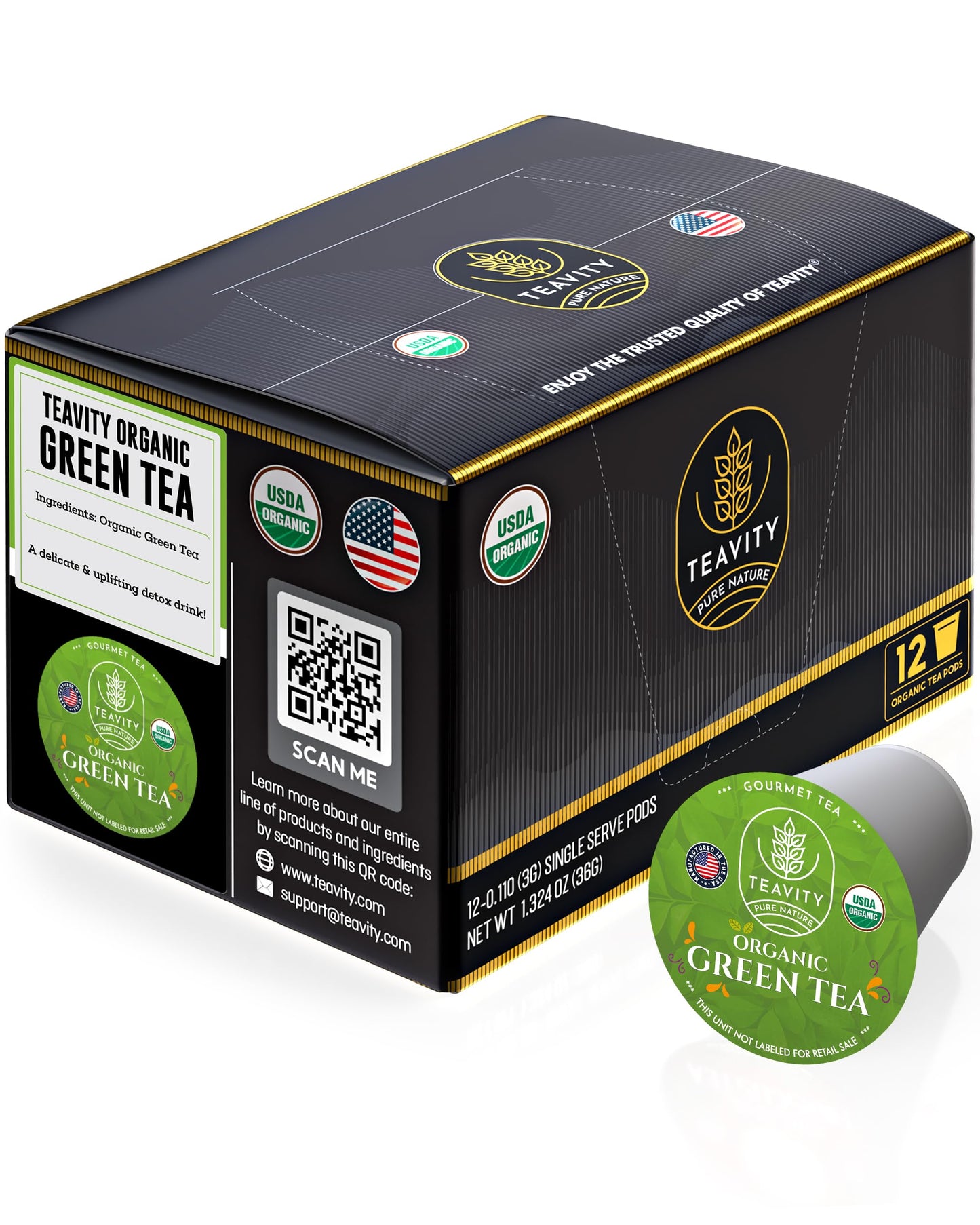 Teavity Organic Green Tea Pods for Keurig - Unsweetened - 12 Count