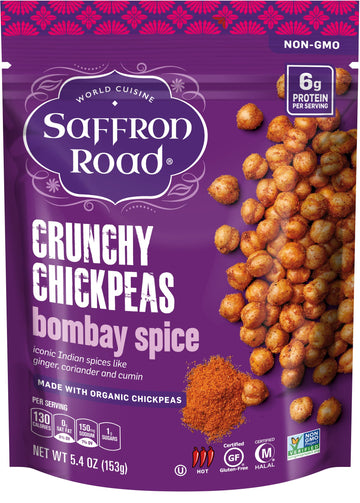 Saffron Road Organic Bombay Spice Crunchy Roasted Chickpea Snacks- 5.4Oz 6-Pack, Gluten Free, Non-Gmo, Vegan Dried Crispy Chickp