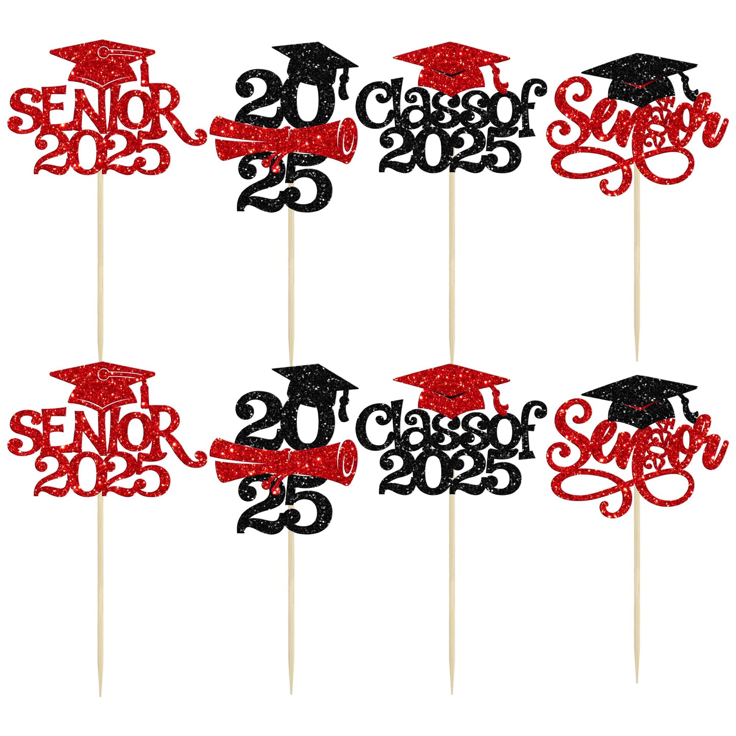 Gyufise Graduation Cupcake Toppers, 24Pcs Glitter Picks for Class of 2025, Red Paper Decorations