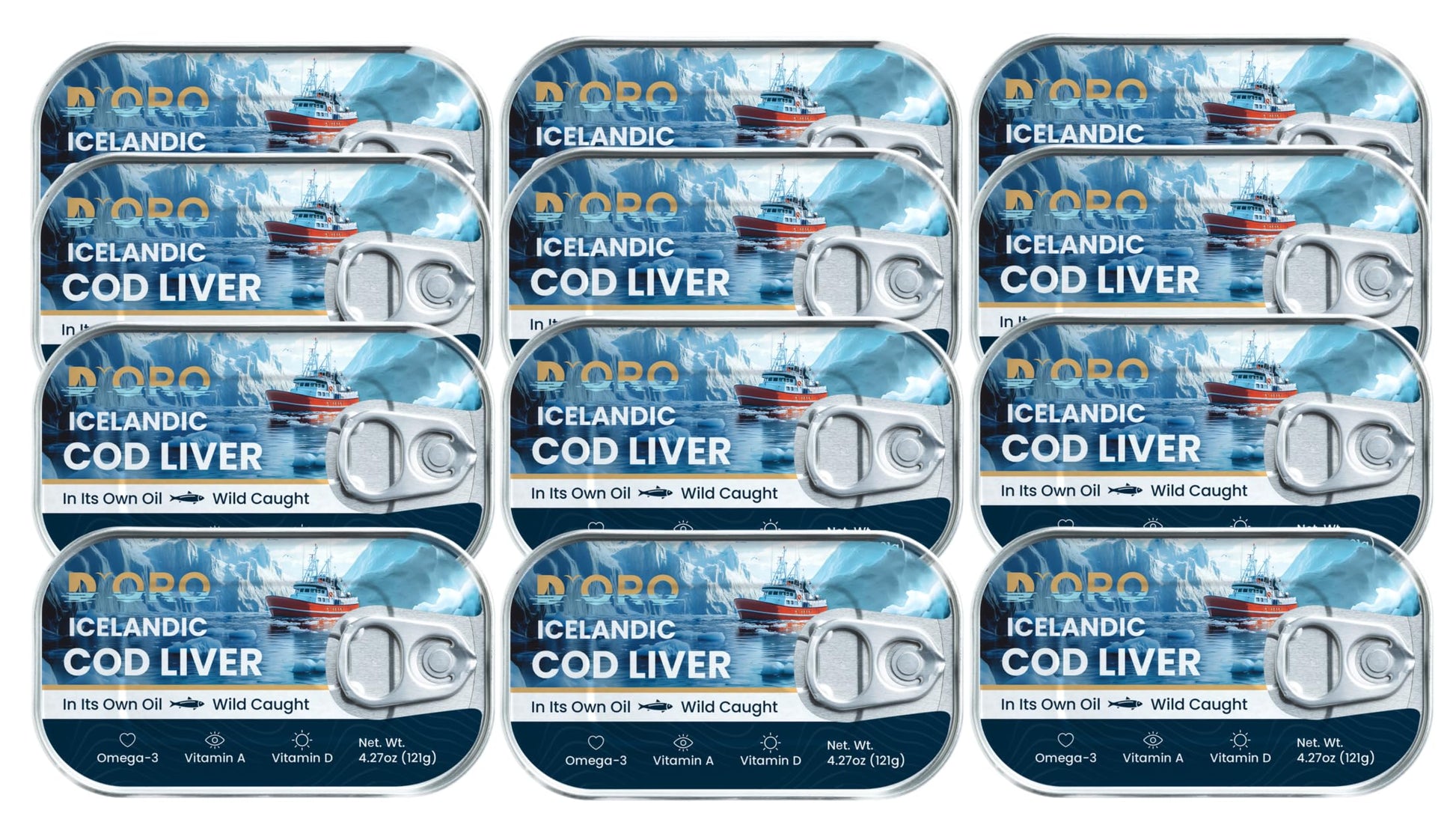 DOro Top-Grade Icelandic Cod Liver In Oil - Wild-Caught Gourmet Delicacy  Rich In Omega-3 & Vitamin D 4.27Oz (121Gr) 12 Cans