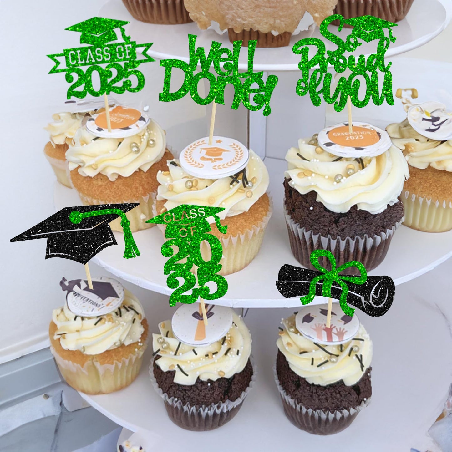 Gyufise Cupcake Toppers, 24 Pcs, Glitter Graduation Congrats Grad 2025, Green, Paper