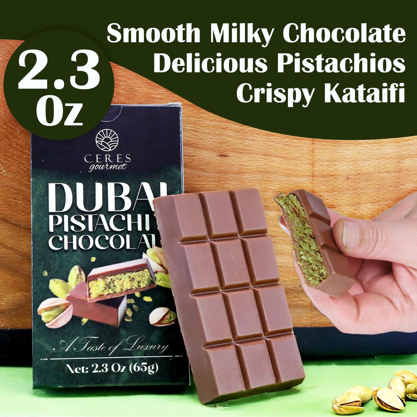 Ceres Gourmet Dubai Pistachio Chocolate Bar – Knafeh-Inspired Milk Chocolate, 2.3 oz (65 g), Mini, Crunchy Kataifi & Pistachio-Filled