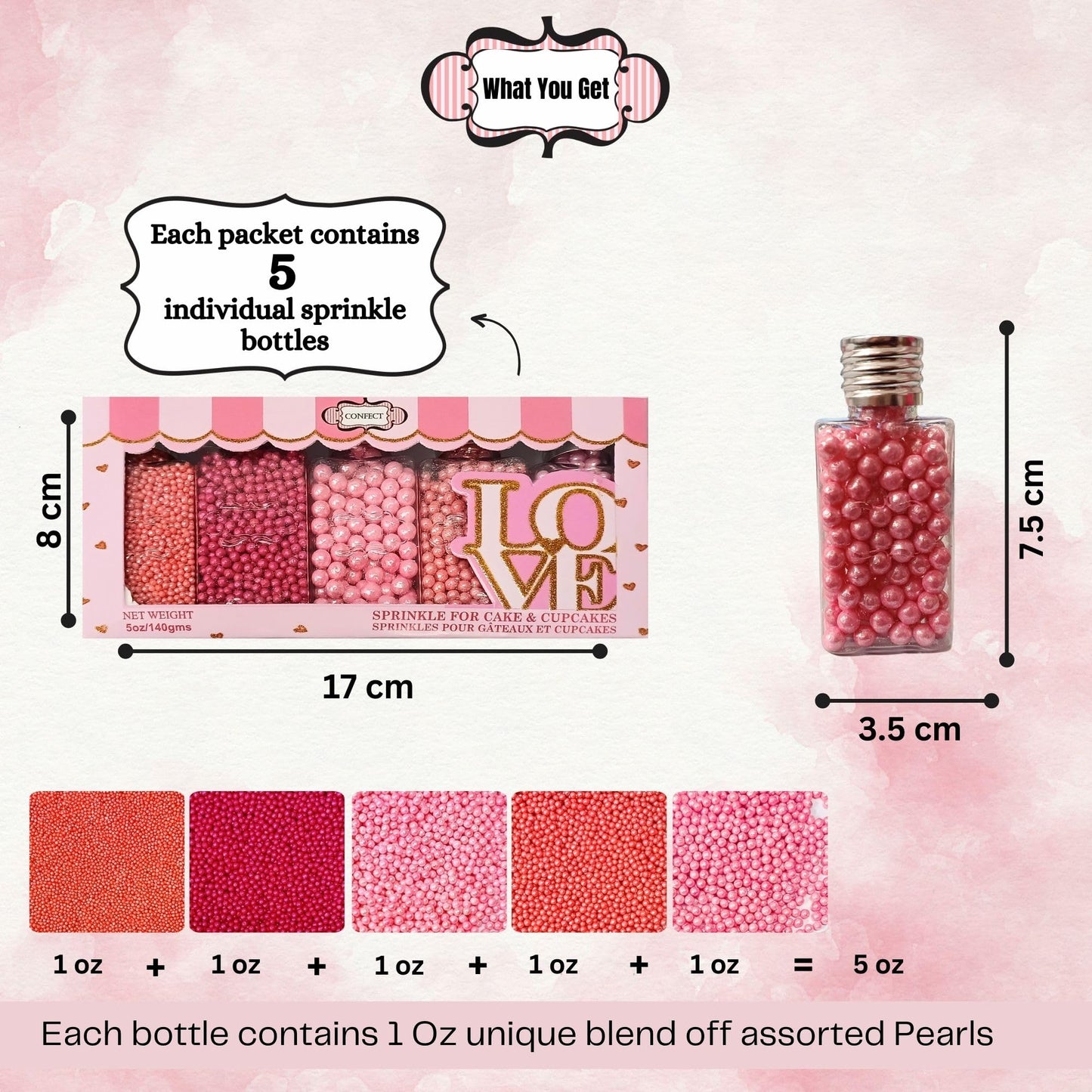 Confect Pretty In Pink Pearl Sprinkles Mix - Pink Sprinkles | Edible Baking Decorations For Cakes, Cupcakes, Cookies - Valentine