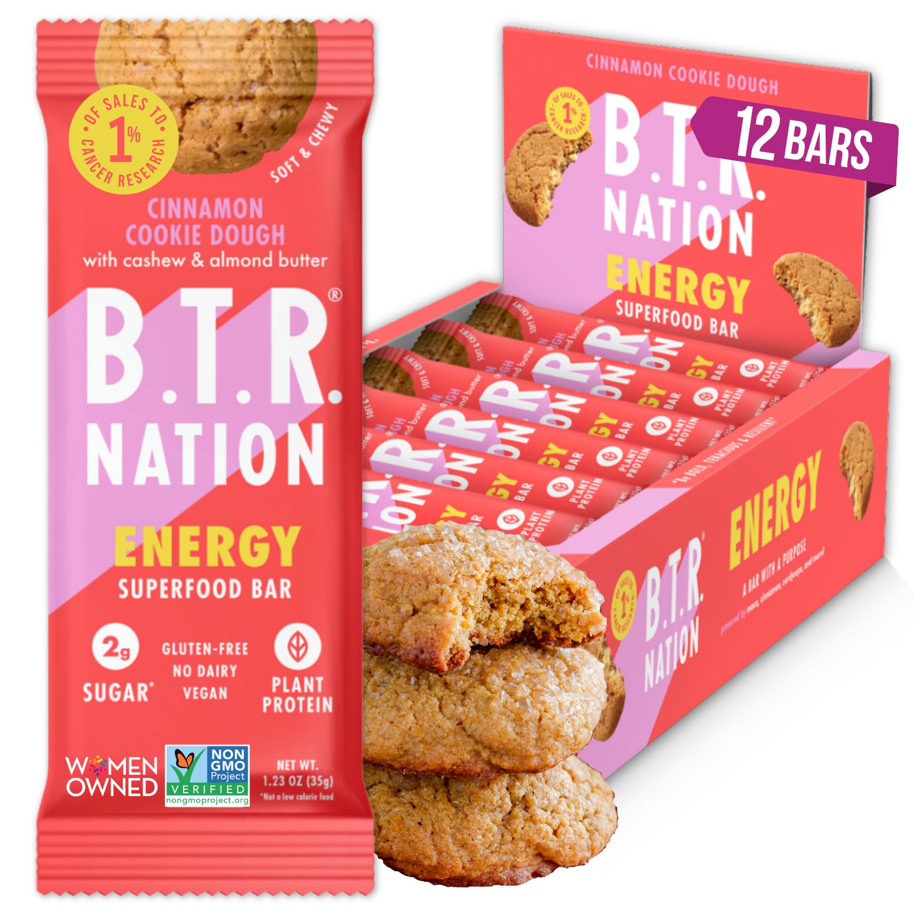 B.T.R. Bar Superfood Keto Protein Bars, Plant Based Vegan Protein, Low Carb, Low Calorie, Gluten Free, No Sugar Alcohols, Booste