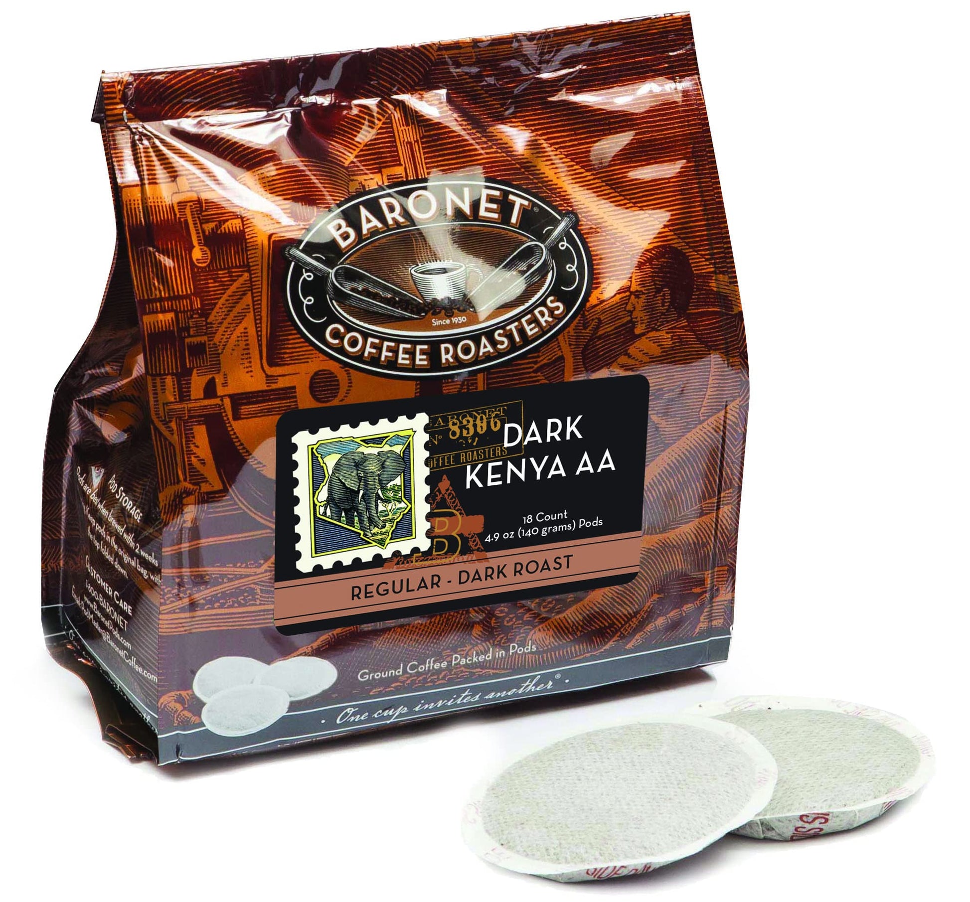 Baronet Coffee Pods Dark Kenya AA - Regular Strength Medium Roast - 54 Single Serve 8g Pods - 3 Bags of 18 Pods