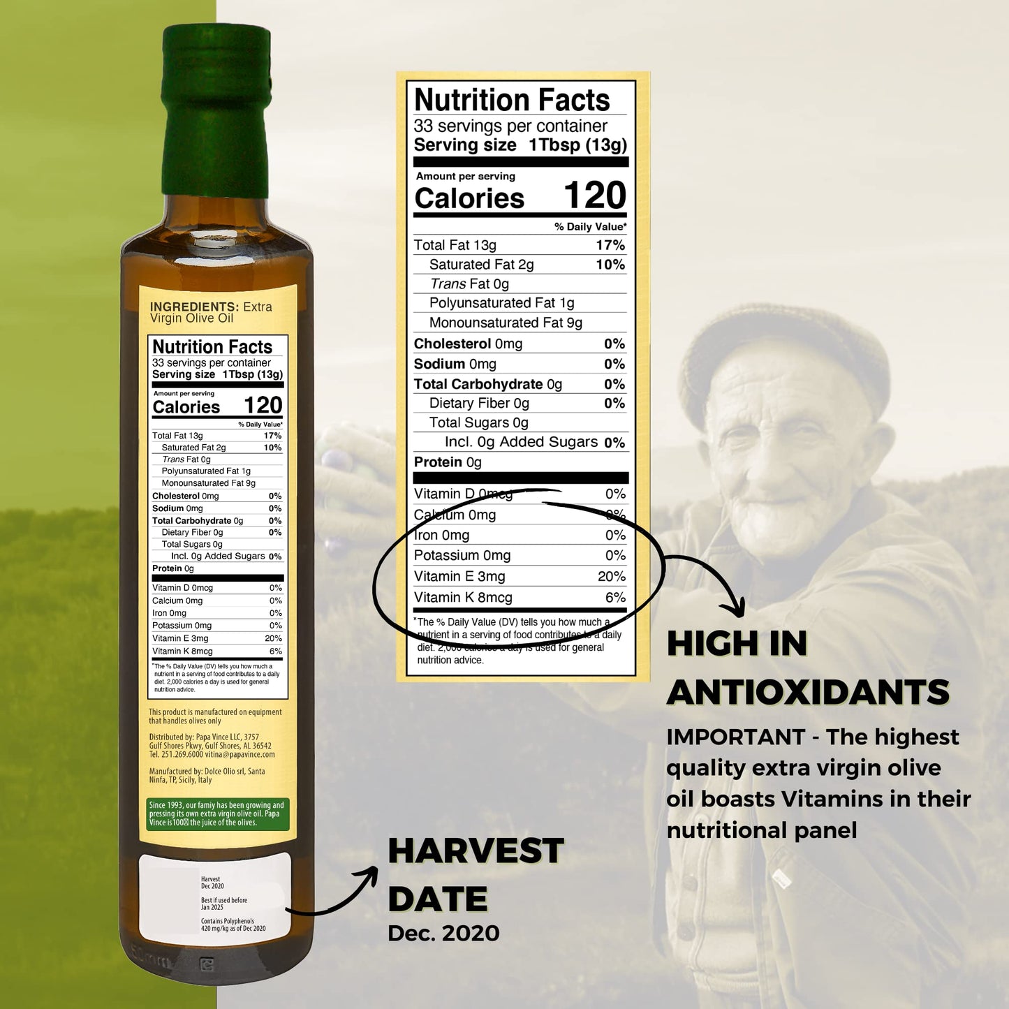 Papa Vince Extra Virgin Olive Oil - Hydroxytyrosol, Polyphenol-Rich, 16.91 Fl Oz, First Cold Pressed, Single Estate, Sicily, Italy