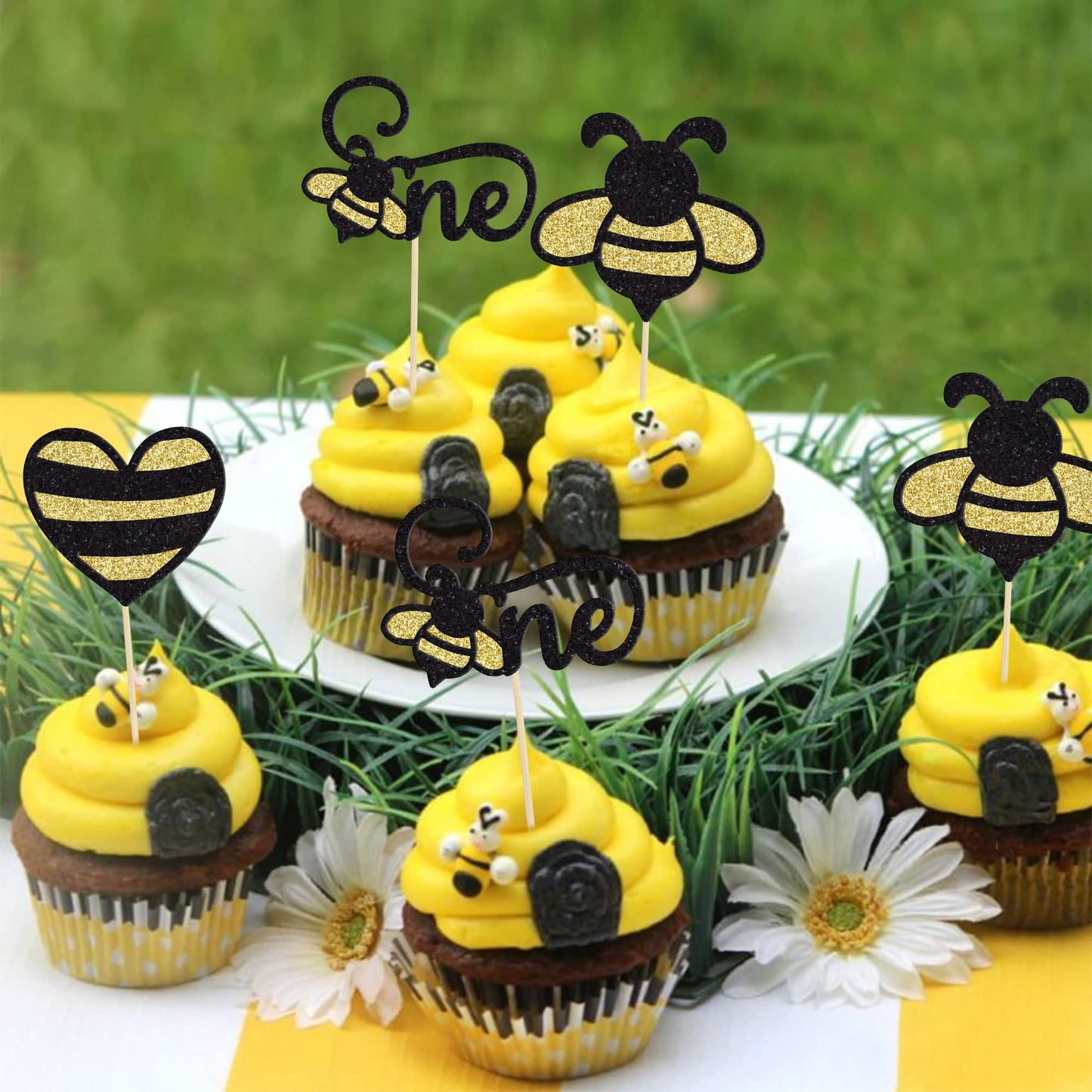 Gyufise 24Pcs Bumble Bee One Cupcake Toppers Heart Bumble Bee Cake Decorations For Boy Girl 1St Birthday Decorations Bee Baby Sh