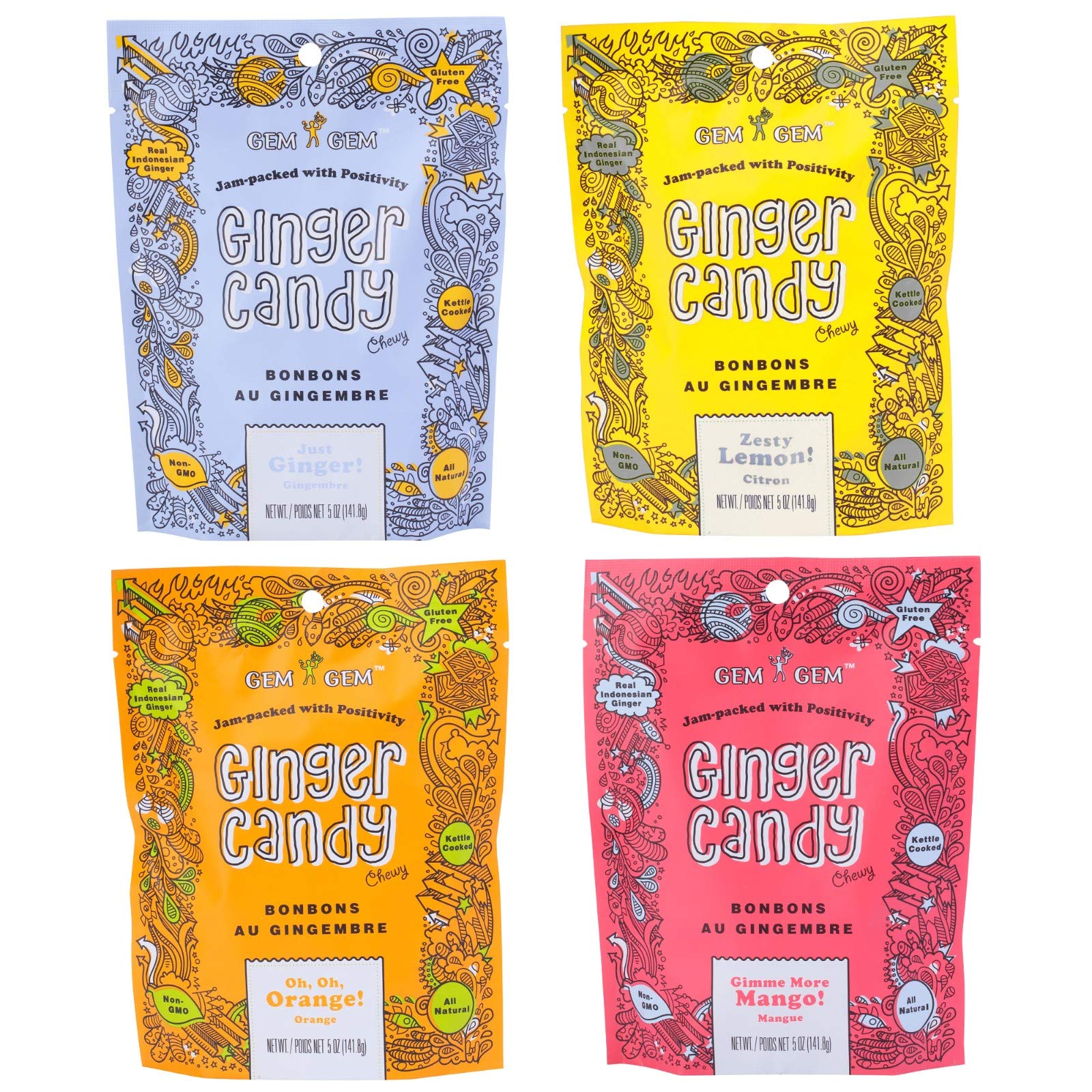 Gem Gem Ginger Candy Chewy Ginger Chews (Assorted Mix, 5.0Oz, Pack Of 4)