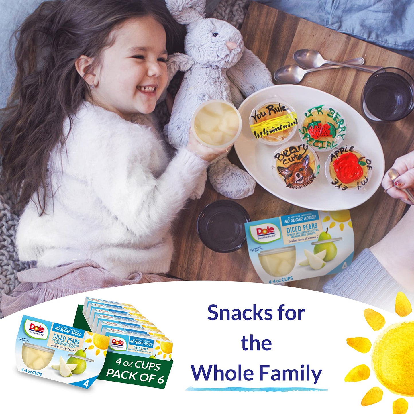 Dole Fruit Bowls No Sugar Added Snacks, Diced Pears 4oz 24 Cups, Gluten & Dairy Free, Bulk Lunch Snacks for Kids & Adults