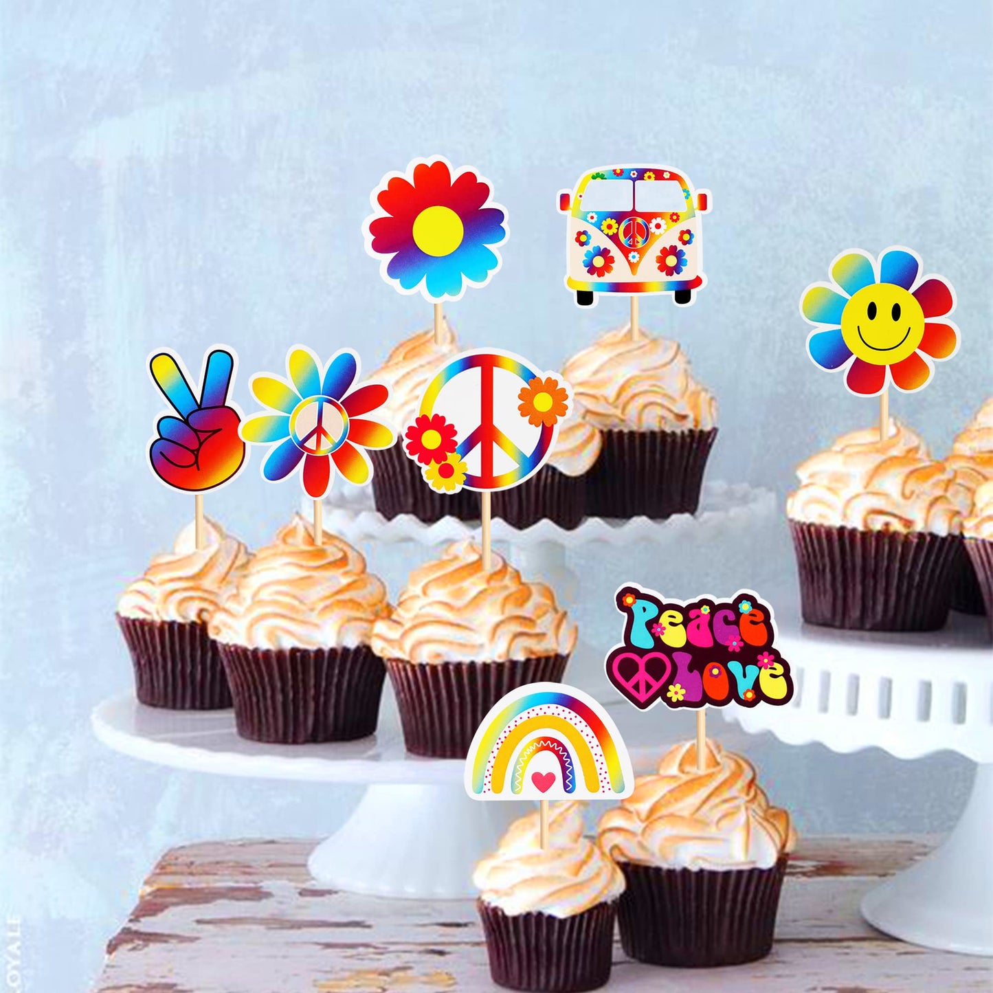 Keaziu 32 Pack Hippie Theme Cupcake Toppers Peace Sign Hand Cupcake Picks 60S Theme Flower Boho Rainbow Birthday Party Supplies