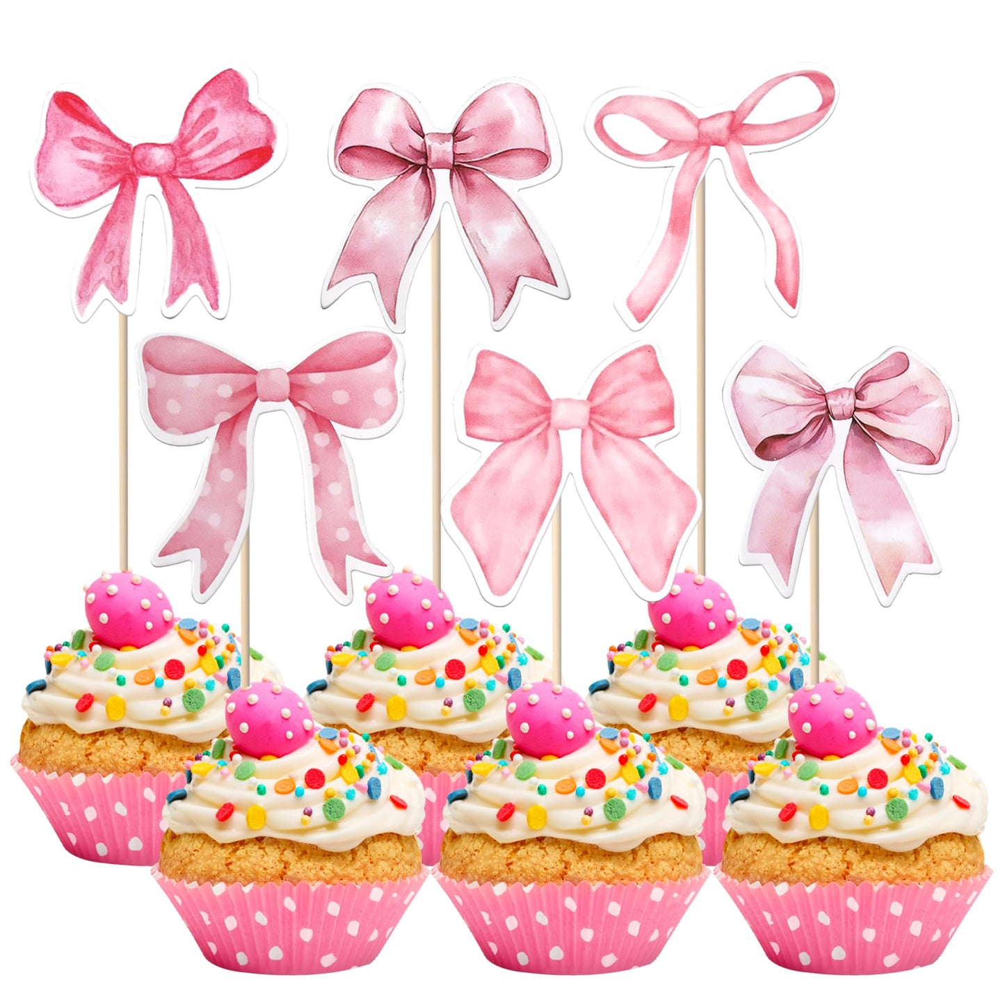 YCTHUNFISH Pink Bow Cupcake Toppers - 36 Pack Paper Picks for Wedding, Bridal Shower, Birthday Party Decorations