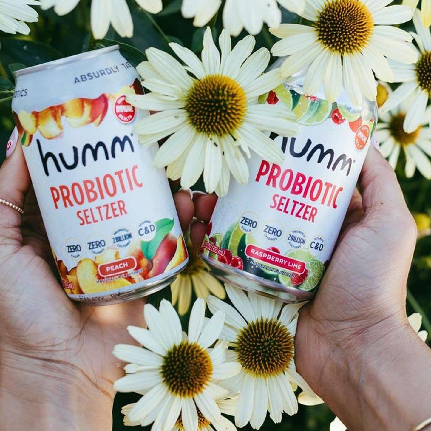 Humm Sparkling Water Variety Pack - Peach & Raspberry Lime Seltzer - Zero Sugar, Zero Calorie, Whole30 Approved Probiotic Drink