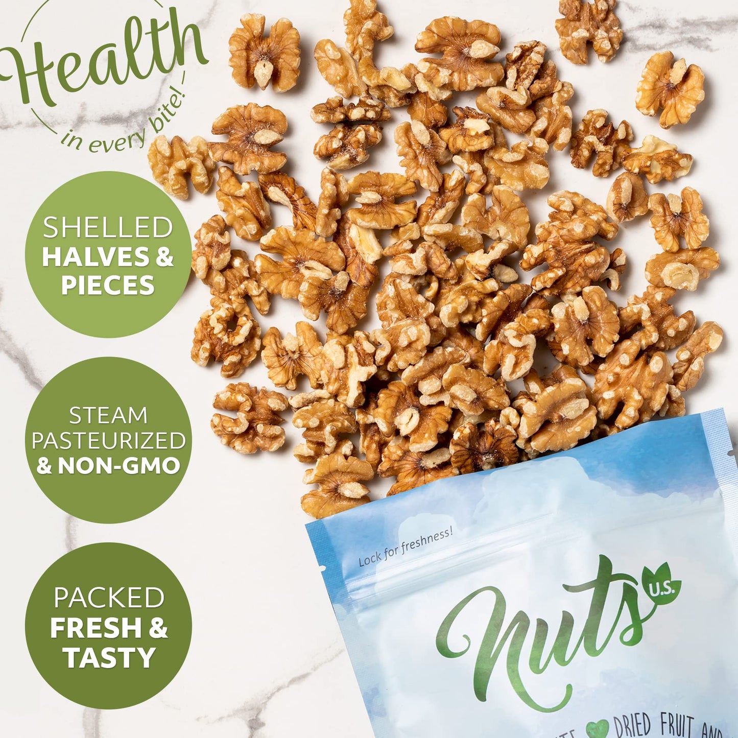 NUTS U.S. California Walnuts Shelled Halves & Pieces Non-GMO 2 lbs Resealable Bag