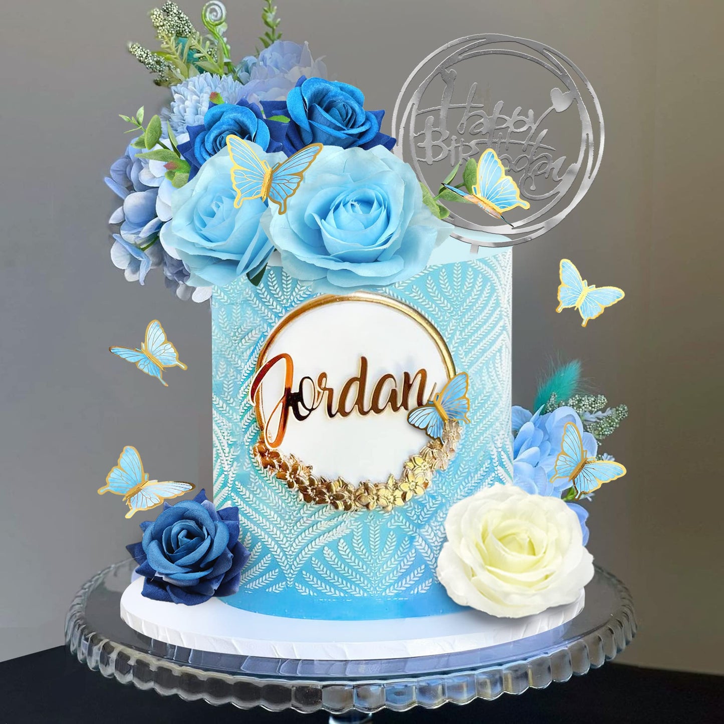 19 Pcs Flower Cake Toppers Butterfly Happy Birthday Cake Decorations With Artificial Blue Rose Flowers Eucalyptus Butterflies Fo