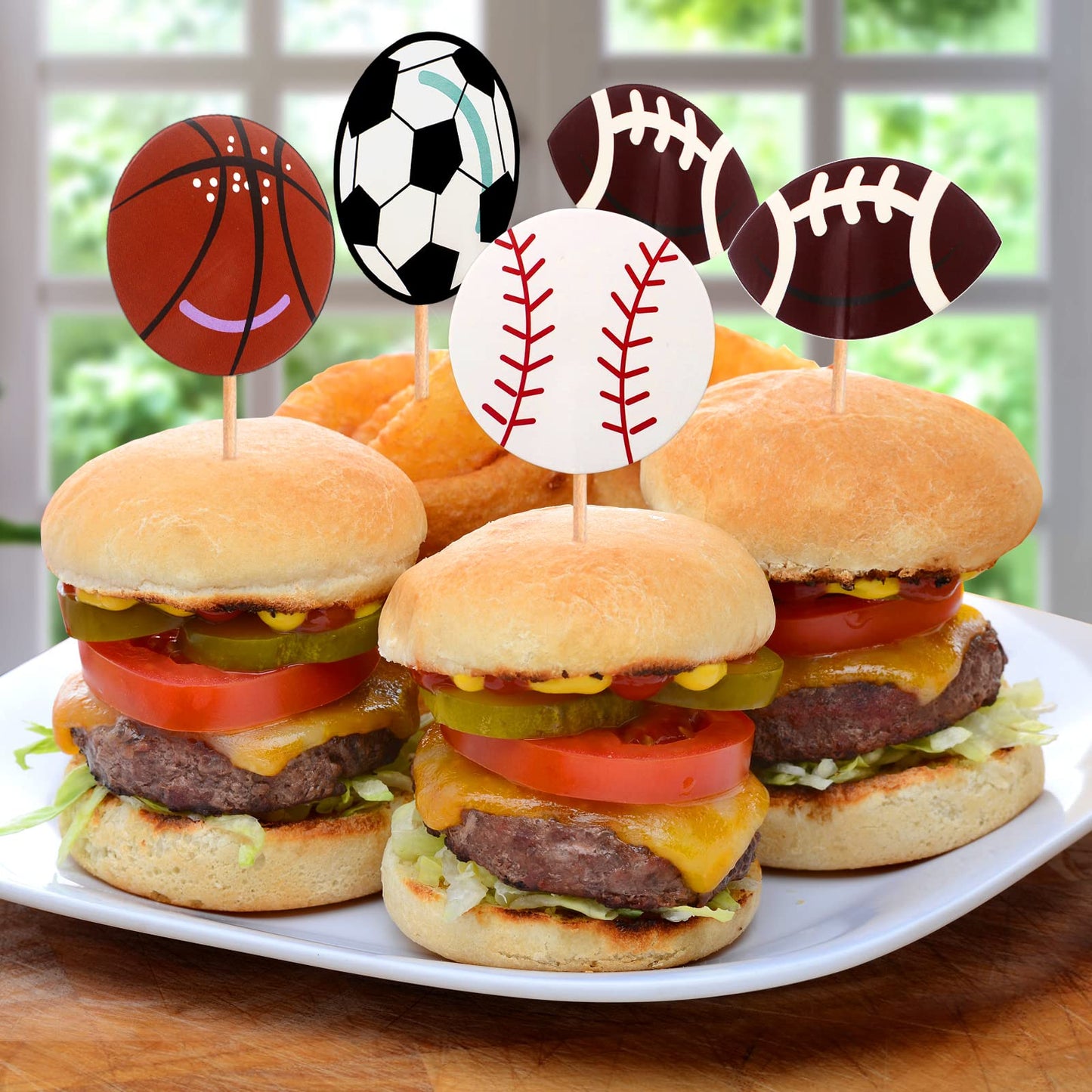 BLUE TOP Sports Ball Cupcake Toppers, 48 Pcs, 4.5 Inch, Paper Picks for Football, Baseball, Basketball, Rugby, Olympics Party Decor