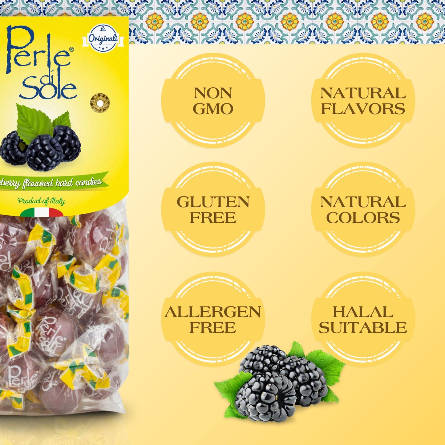 Perle di Sole Blackberry Italian Hard Candy Individually Wrapped - Blackberry Candy with a Tart Fizzy Filling (7.05 oz | 200 g)