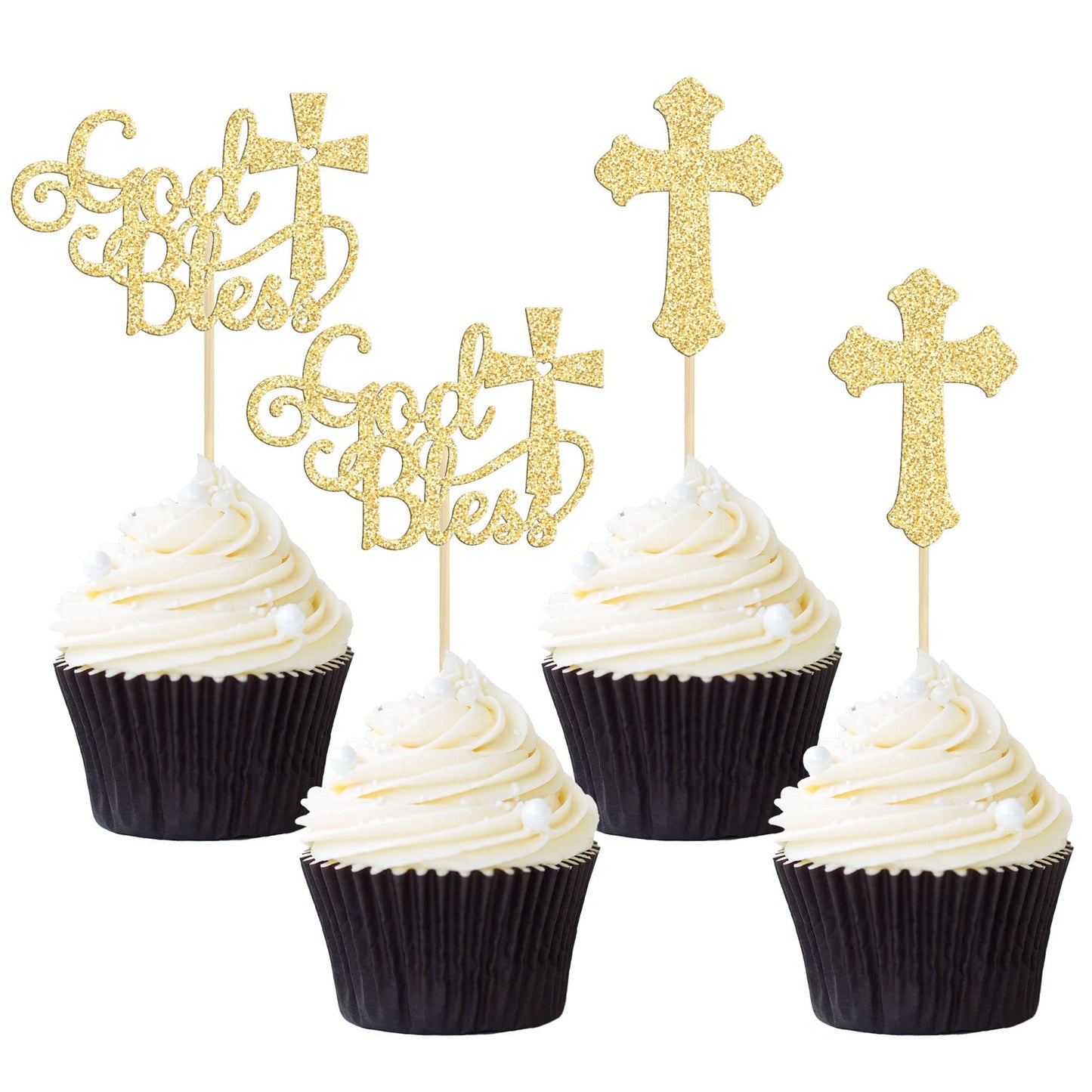 Gyufise Cupcake Toppers, 24Pcs Glitter Cross, Baptism Party Decorations, Gold, Model ZN0096-1-G