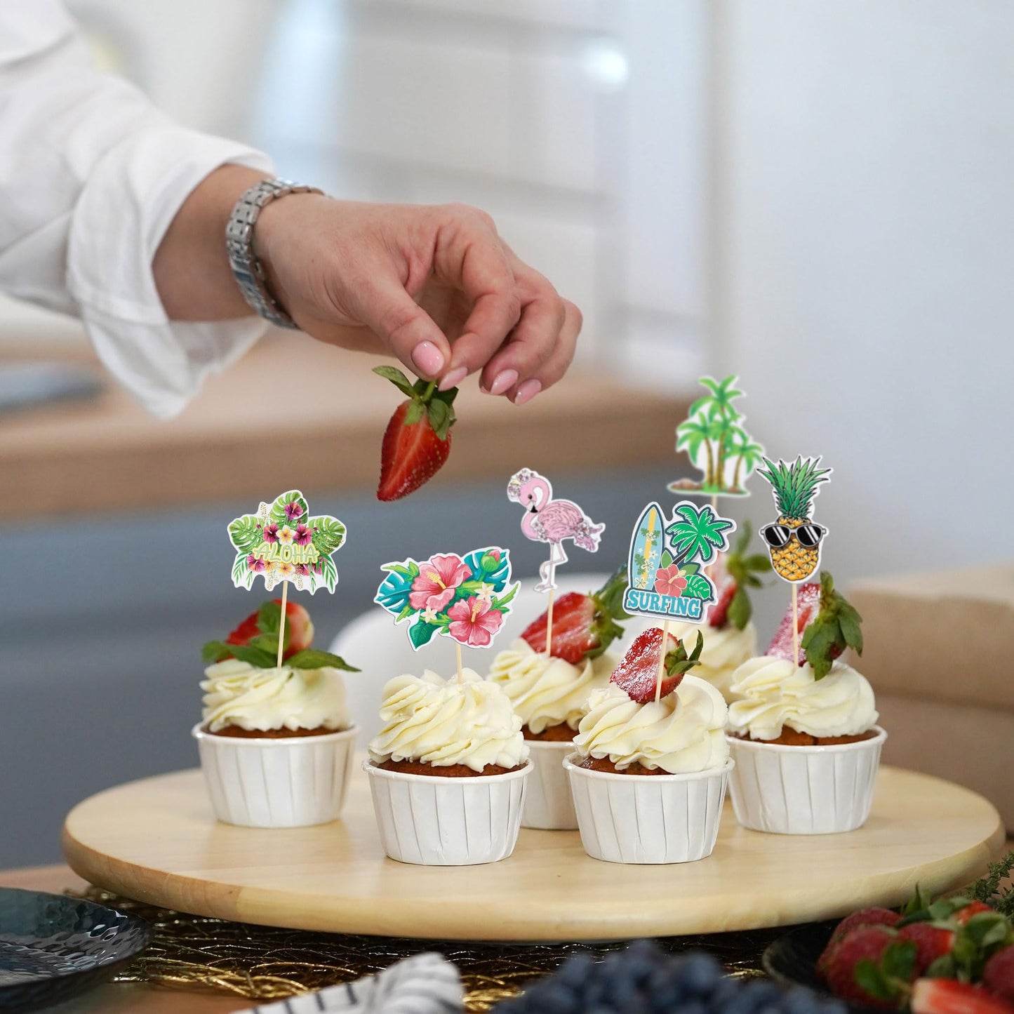 Gyufise 36Pcs Tropical Aloha Luau Cupcake Toppers Palm Tree Flower Turtle Leaves Flamingo Pineapple Cupcake Picks Summer Hawaiia