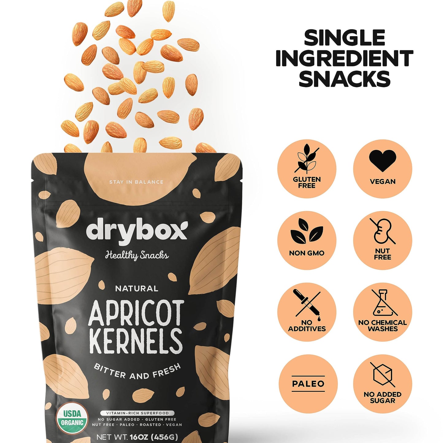 Drybox Bitter Apricot Kernels, Raw, Organic, Non-GMO, Vegan, 16 oz Resealable Bag