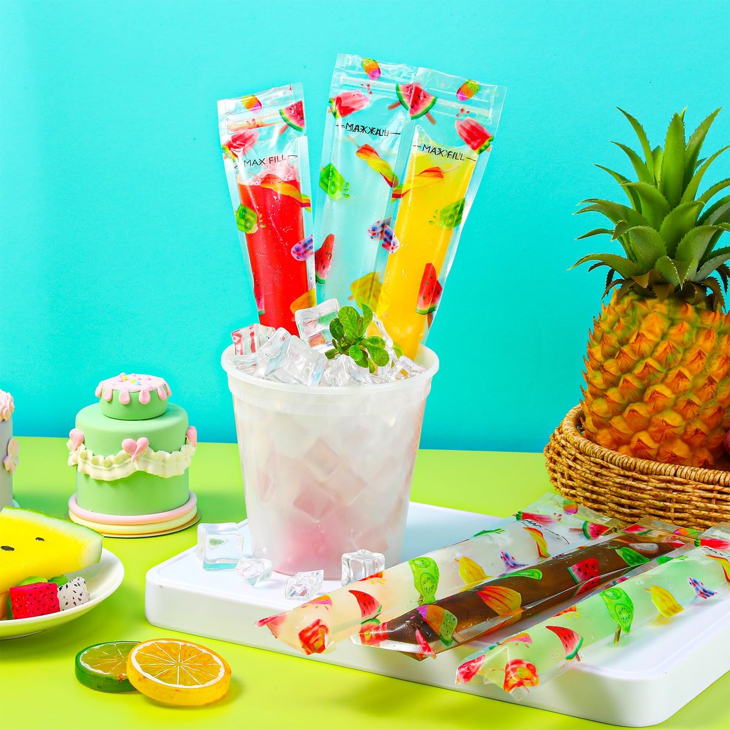 Yiyiring 300 Pcs Summer Ice Lolly Bags Disposable Ice Pop Bags Summer Fruit Freezer Tubes with Zip Freeze Pop Bag with Funnels f