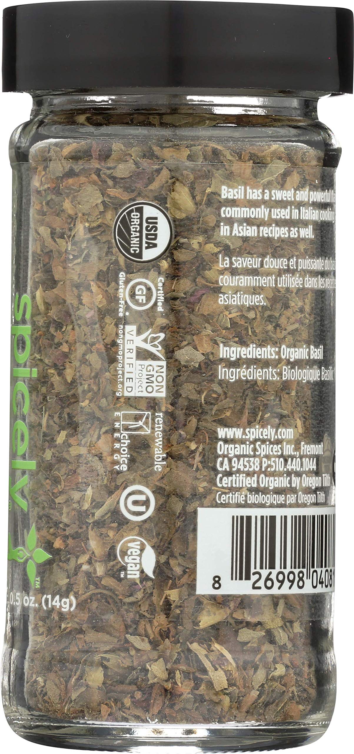 Spicely Organic Basil 0.50 Ounce Jar Certified Gluten Free