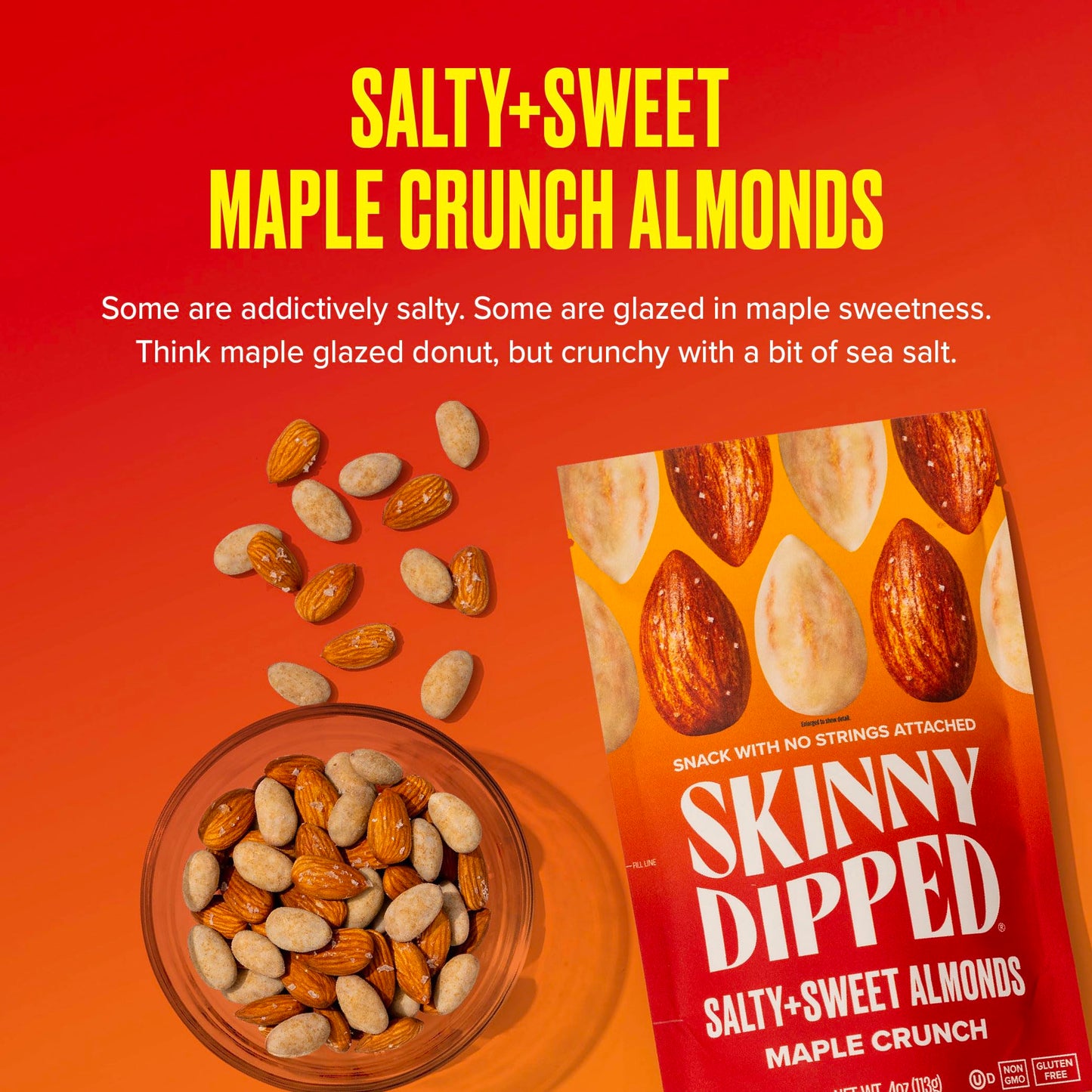 Skinnydipped Salty + Sweet Maple Almond Crunch, Healthy Snack, Plant Protein, Gluten Free, 4 Oz Resealable Bags, Pack Of 5