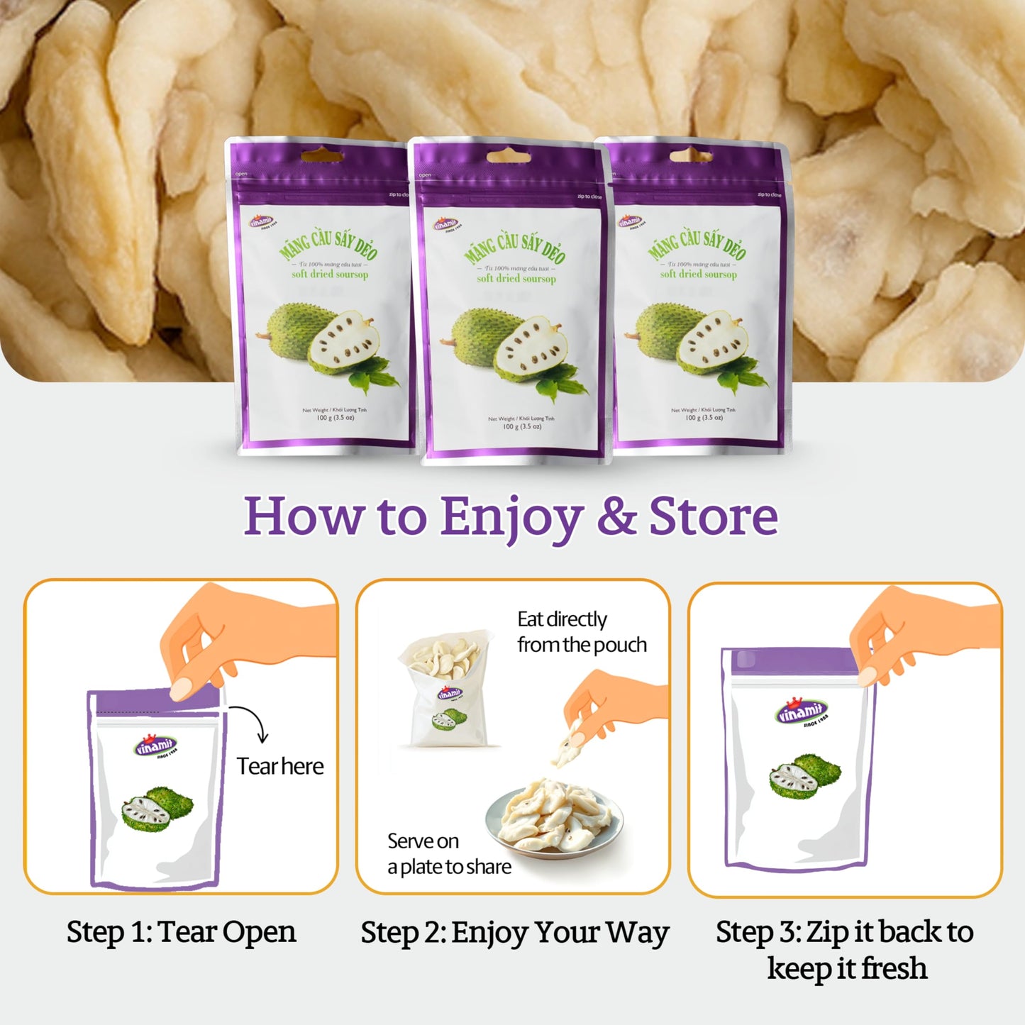 Vinamit Soft Dried Soursop | Soursop Fruit 3.5 oz bag | Natural Tropical Fruit Snack | Vegan, Gluten-Free, Non-GMO | High in Fib