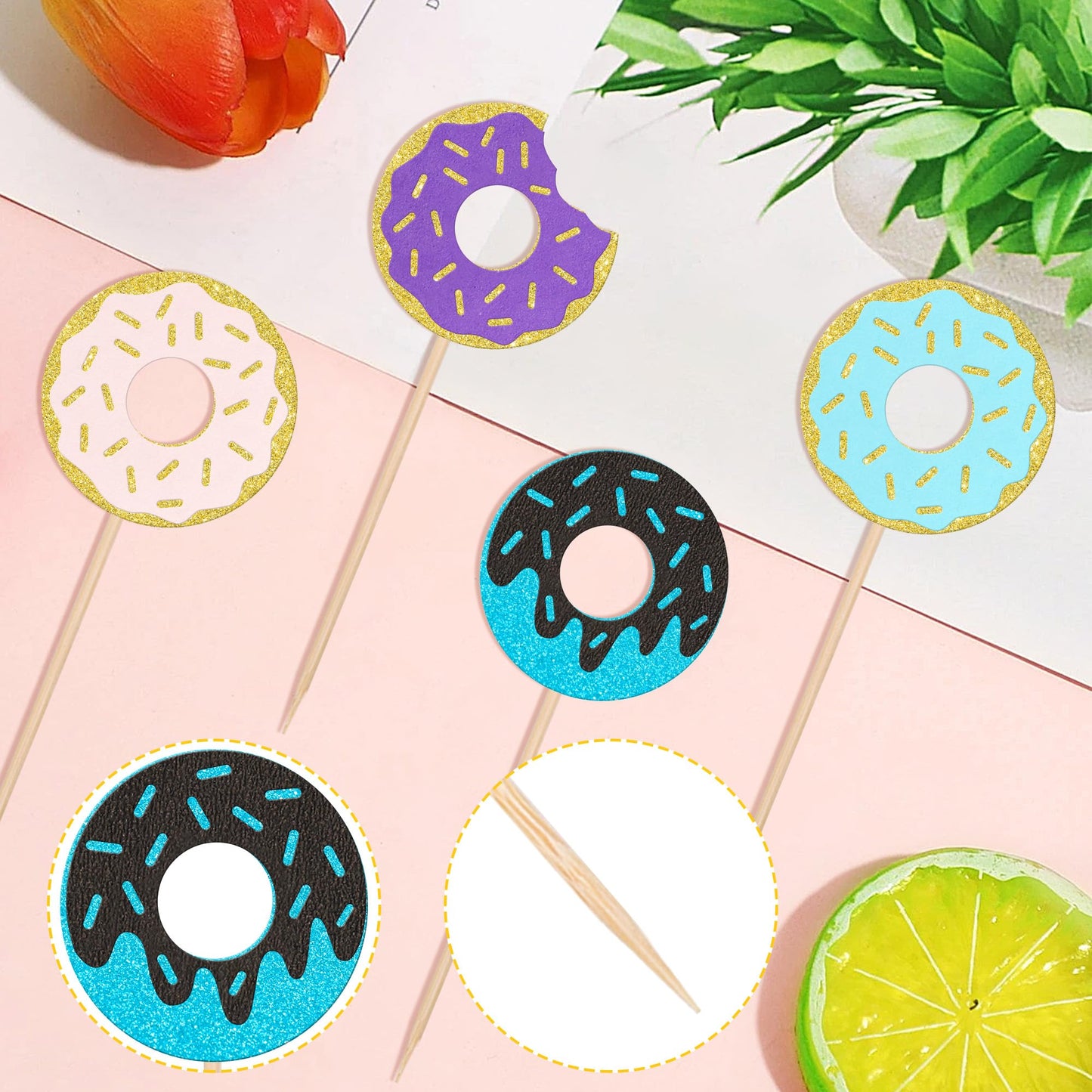 24 Pcs Donut Cupcake Toppers Glitter Sweet Donut Cupcake Picks Donut Theme Birthday Party Decorations For Celebrating Baby Showe