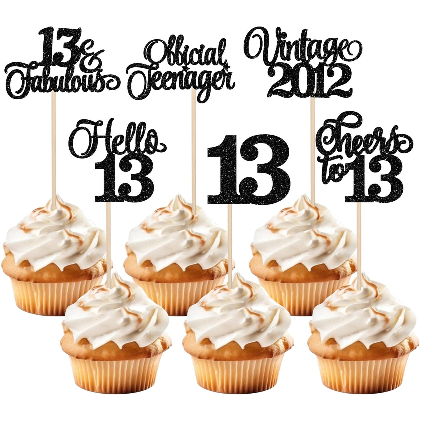 Rsstarxi Cupcake Toppers 24 Pack Glitter 13th Birthday Decorations Black
