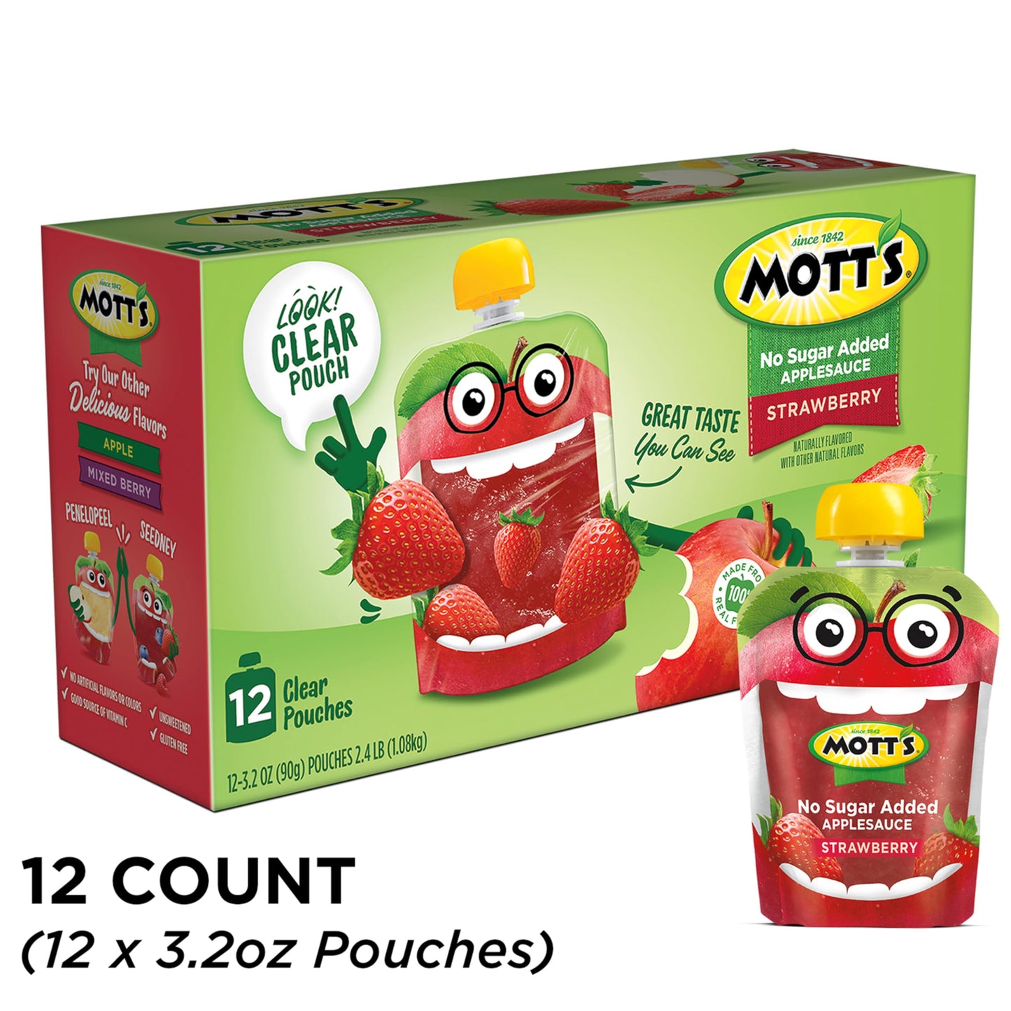Motts No Sugar Added Strawberry Applesauce, 3.2 oz clear pouches, 12 count
