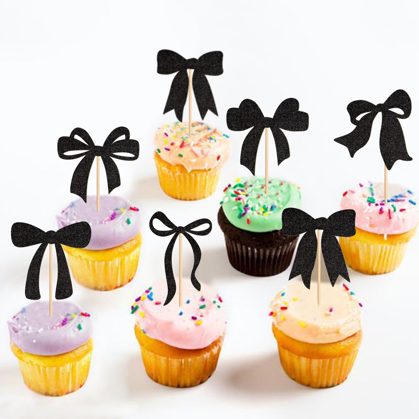 Cyodoos 24Pcs Black Bow Cupcake Toppers Bow Baby Shower Cake Decorations For Birthday Party Wedding Party Decorations