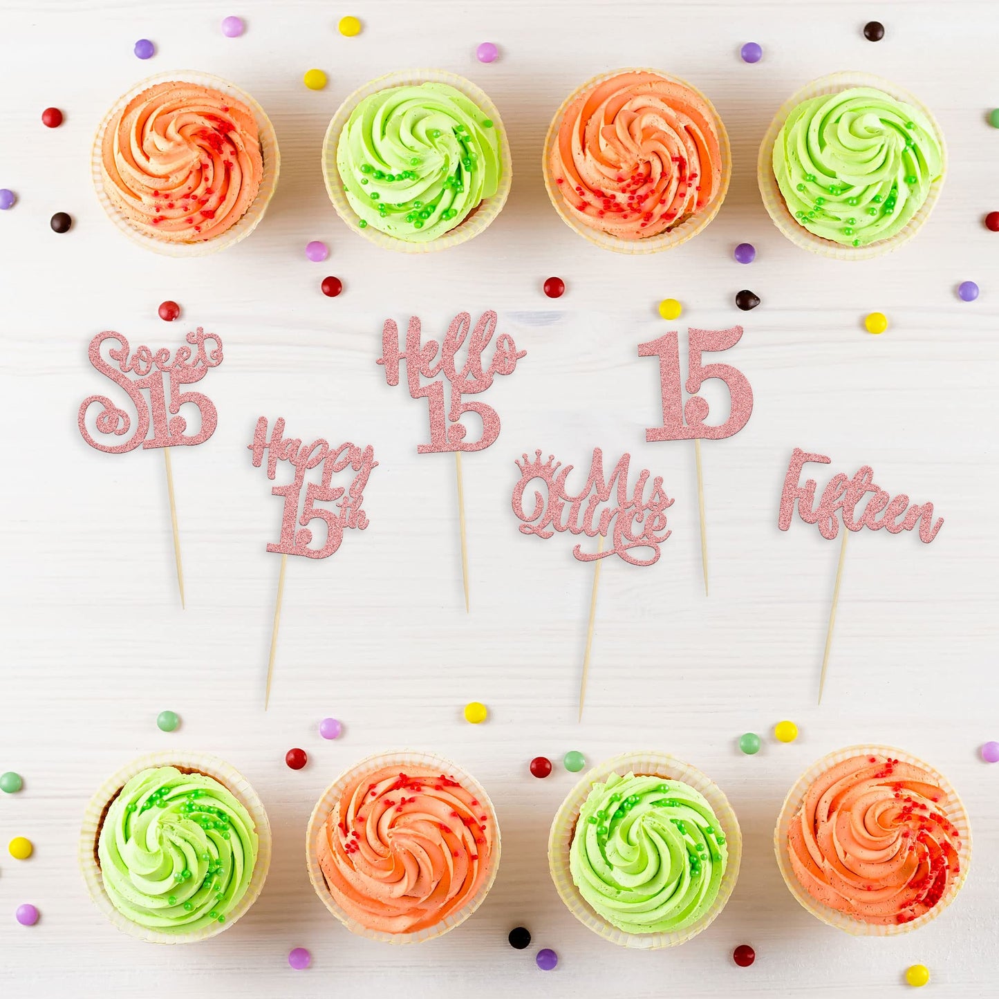 36Pcs Rose Gold Glitter 15Th Birthday Cupcake Toppers Hello 15 Sweet 15 Cake Topper Fifteen Happy 15Th Birthday Cupcake Picks Fo