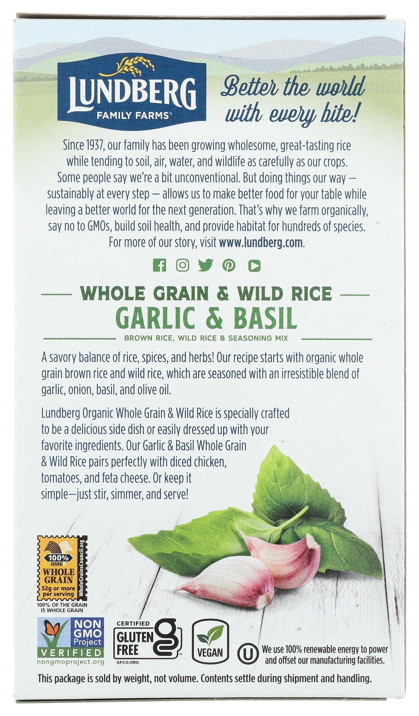 Lundberg Organic Whole Grain Rice & Wild Rice, Garlic & Basil, 6oz, Gluten-Free, Vegan, Kosher, USDA Certified Organic, Non-GMO