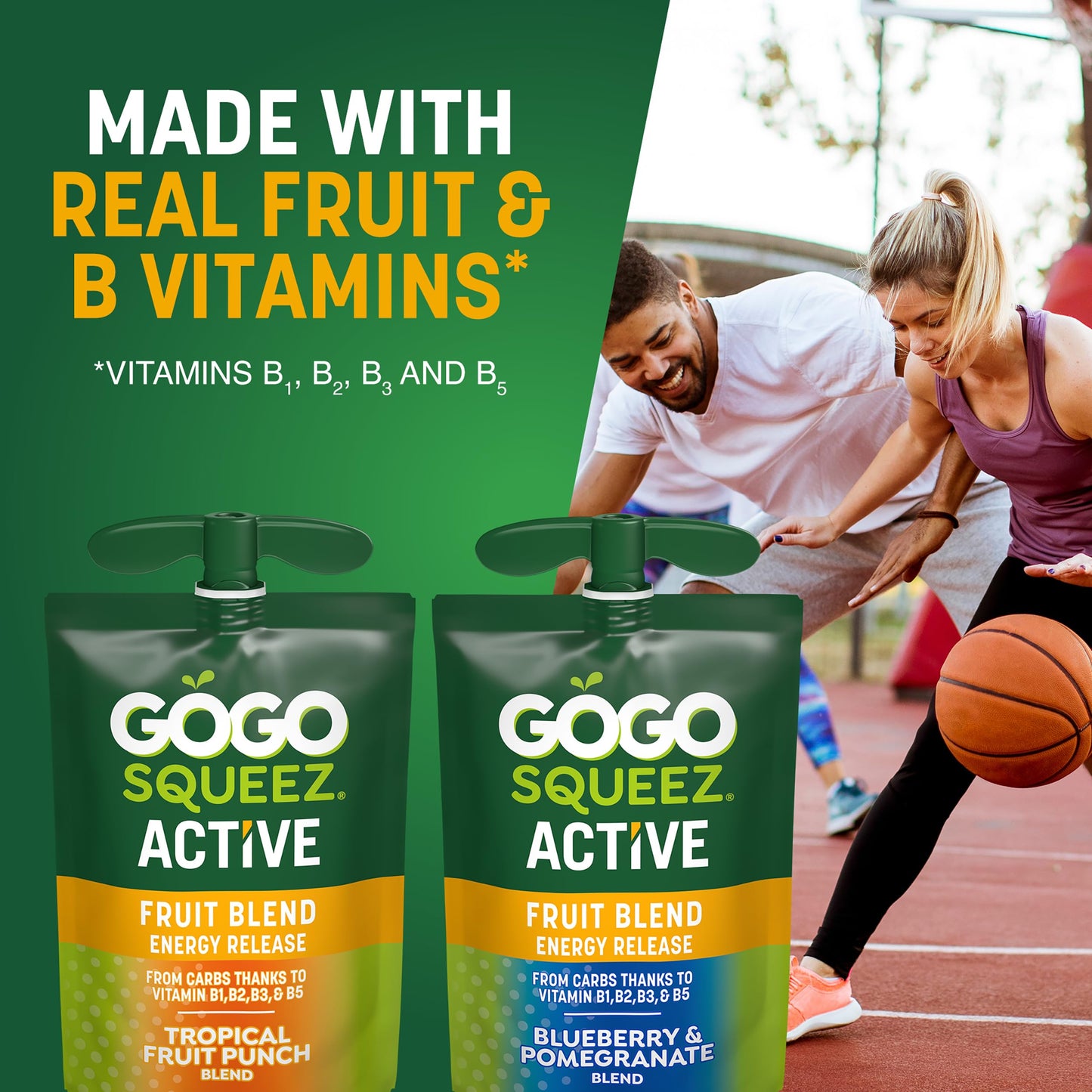 GoGo squeeZ Active Fruit Blend Energy Release|18-Count Variety Pack|Tropical Fruit Punch and Blueberry & Pomegranate|Made with Real Fruit and B Vitamins