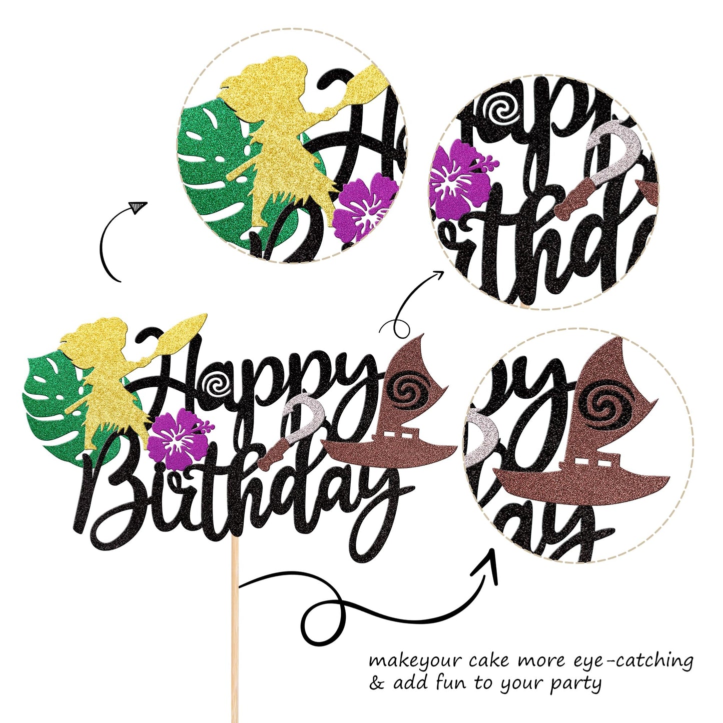 1 Pcs Moana Inspired Cake Topper Black Glitter Palm Leaf Flower Happy Birthday Cake Pick Decoration For Tropical Hawaiian Luau T