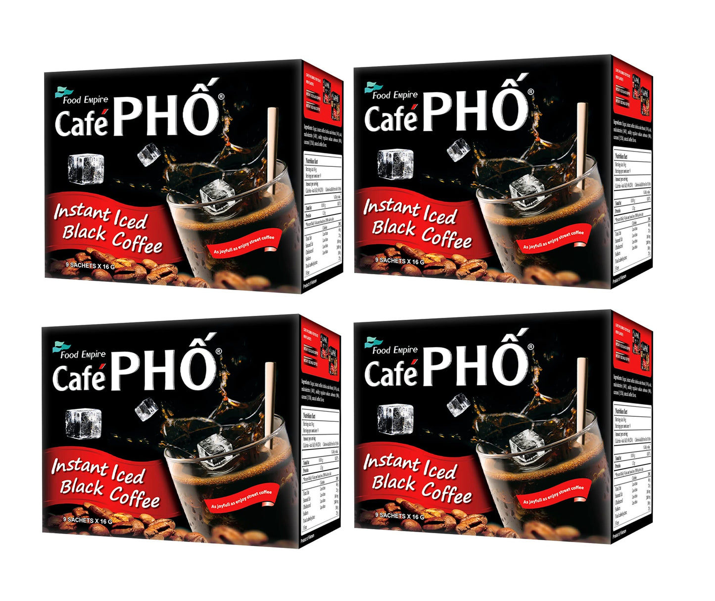 Cafe Pho Vietnamese Instant Coffee Mix, Iced Black Coffee, Cafe Den Da, Single Serve Coffee Packets, Box of 9 Sachets, Pack of 4