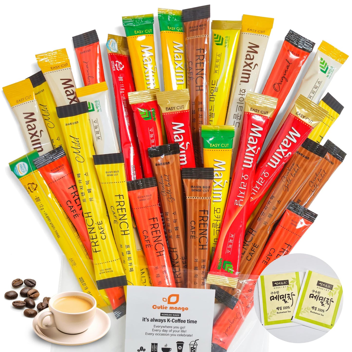 Cutie Mango Maxim French Enhanced Korean Instant Coffee Mix Sampler 6 Flavors Assortment Café Style Camping Party Single Serve Packets 30 Variety Pack (5 Sticks Each) With Complimentary 2 Teabags
