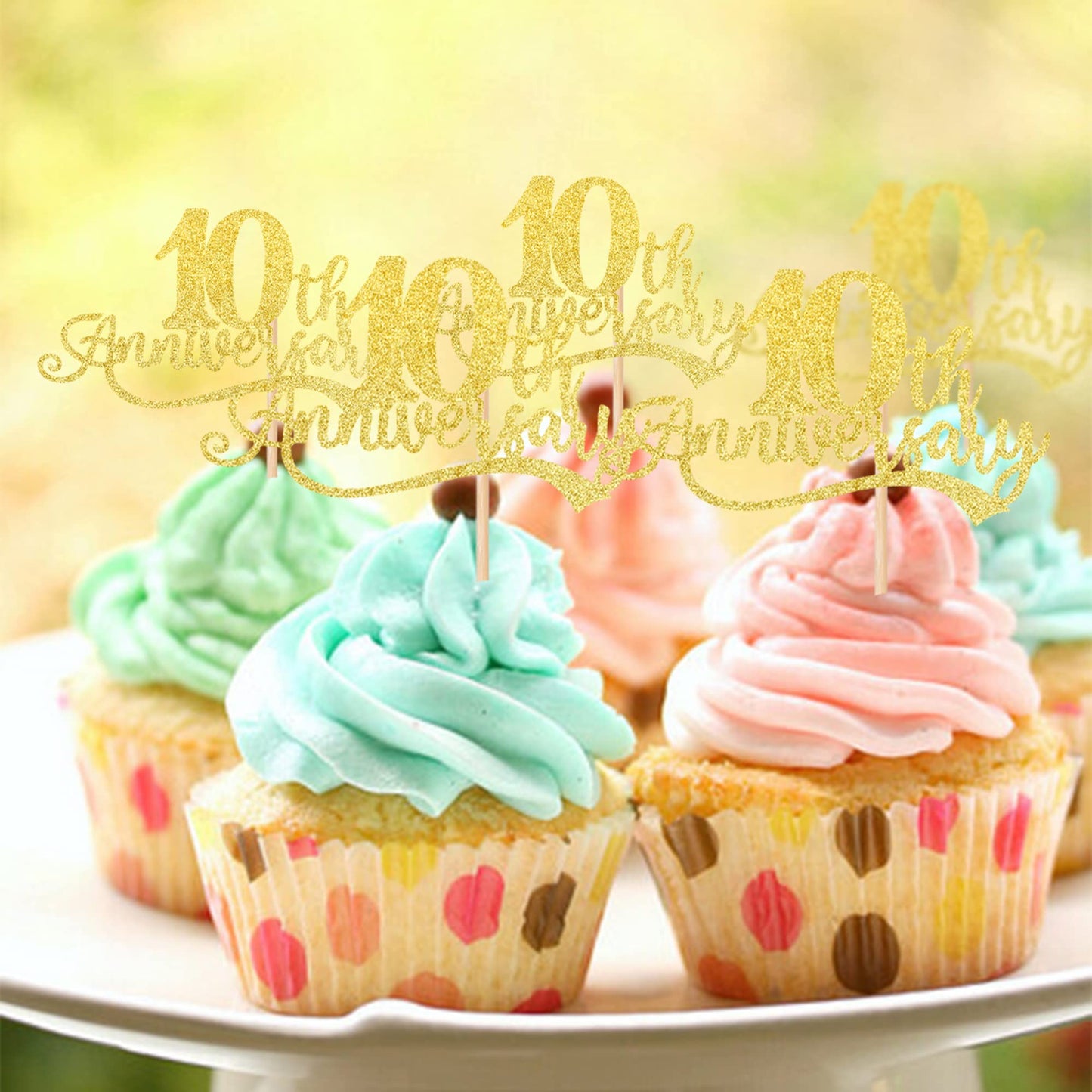 Rssta i Cupcake Toppers Gold Cheers to 10 Years 24 Pack 2.8x4.1 inches for 10th Anniversary Birthday Party Decorations
