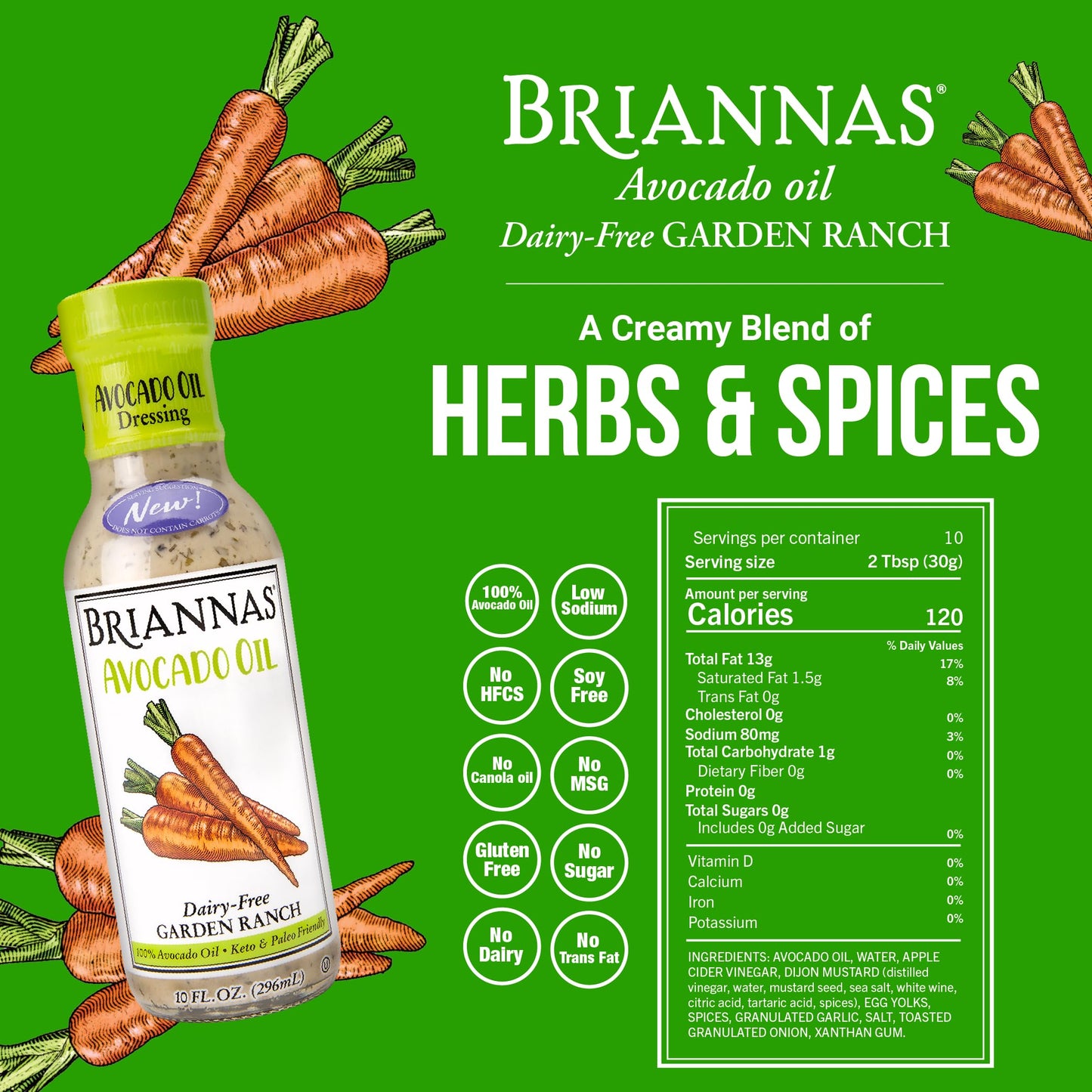 10 fl oz BRIANNAS - Avocado Oil Dressing Variety Pack - Dairy-Free Garden Ranch, Classic Balsamic Vinaigrette, & Herb Vinaigrett