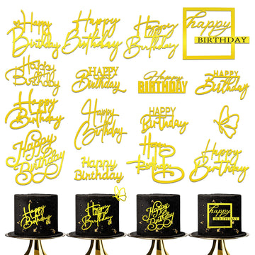 15 Pcs Gold Happy Birthday Cake Toppers Mirror Acrylic Cake Topper Side Cake Decorations Gold Cake Inserts Cake Decorating Suppl