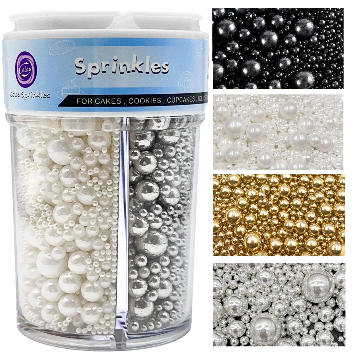 Kercky Sprinkles Mix for Cake Decorating - Gold, Silver, White, Black - Ideal for Cookies, Ice Cream, Cupcakes