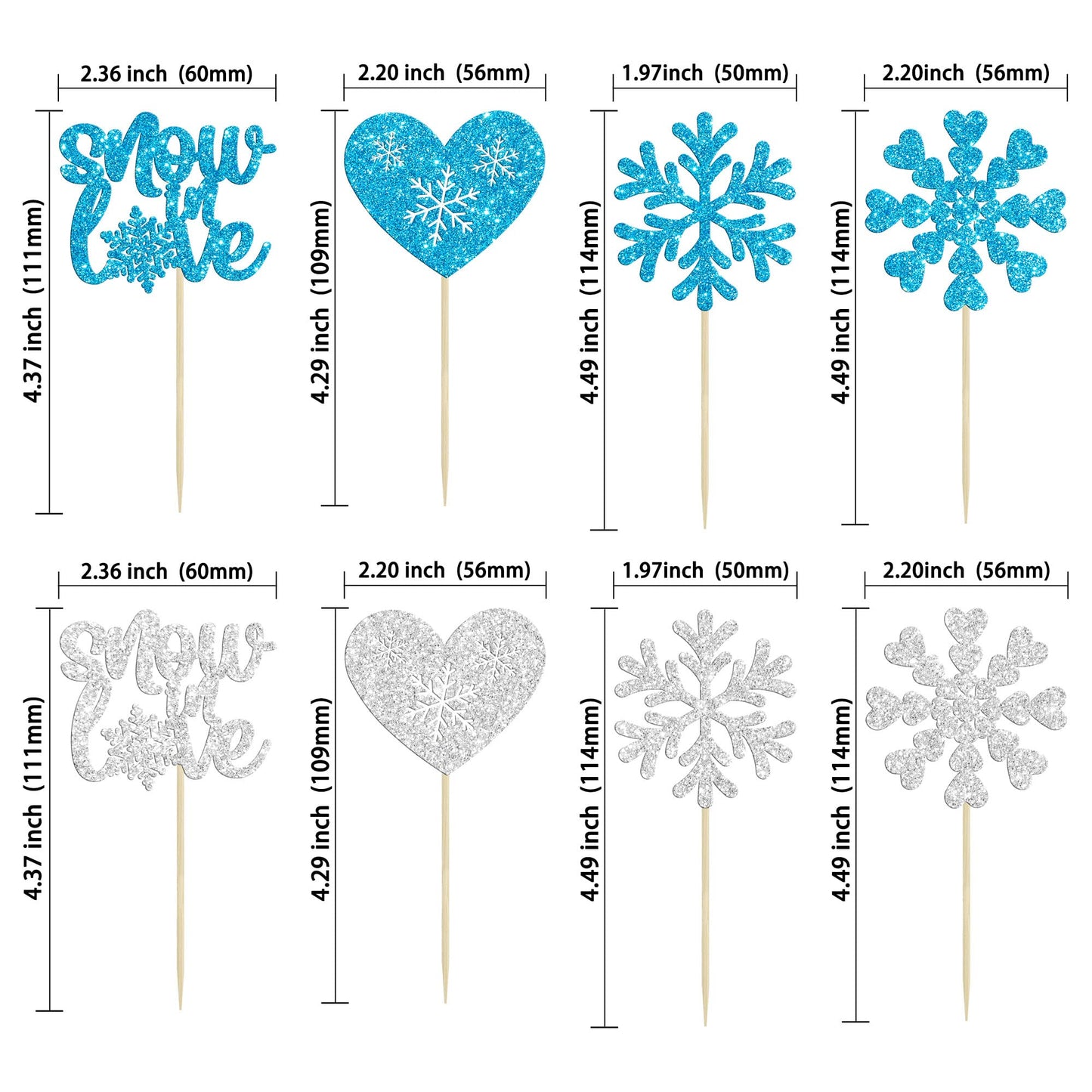 Gyufise 24Pcs Snowflake Cupcake Topper Blue Silver Glitter Winter Heart Snow In Love Cake Toppers For Winter Wonderland Wedding
