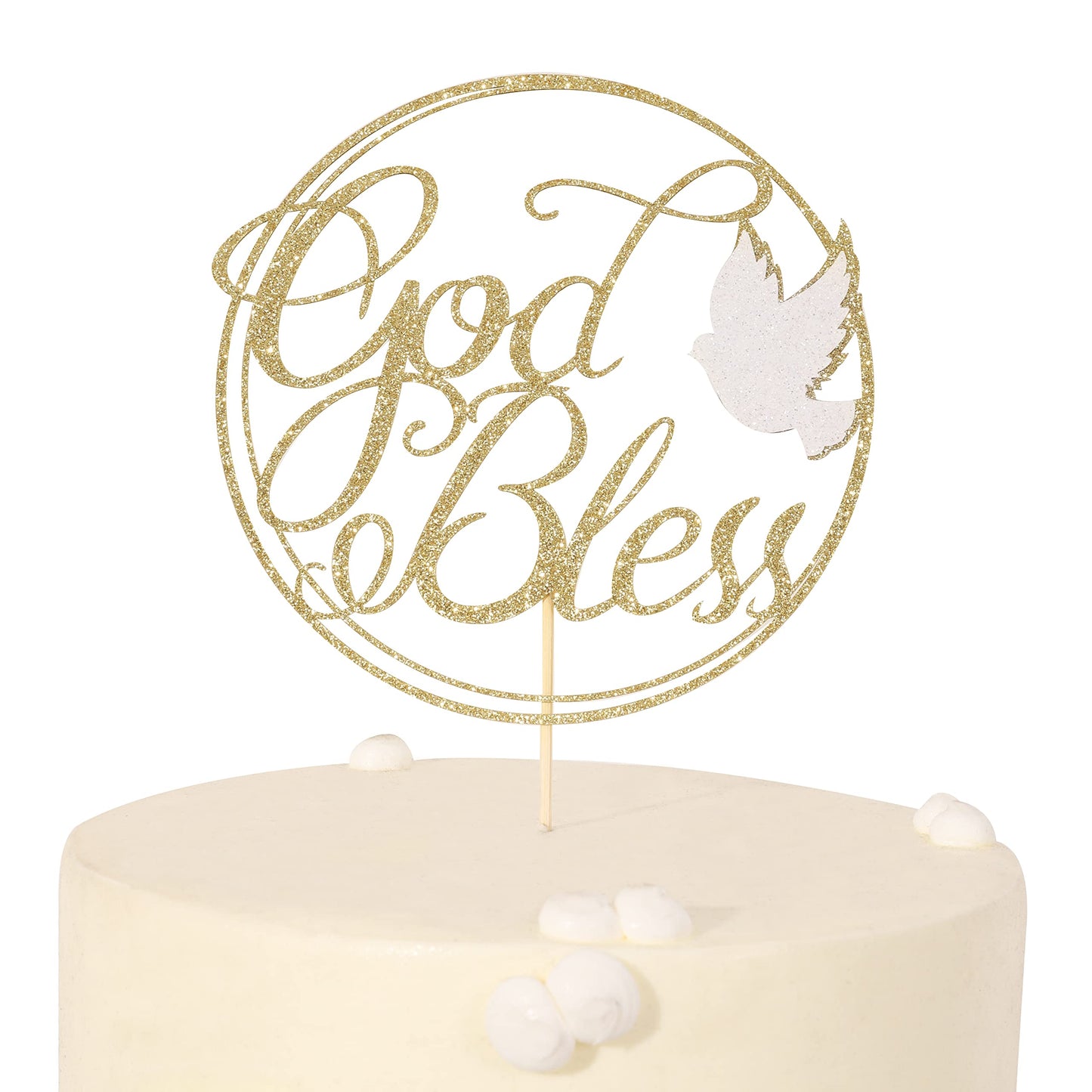 LINLULU Cake Topper - Glitter Gold Dove for First Communion, Baptism, Christening - Model 001 - Paper Decoration