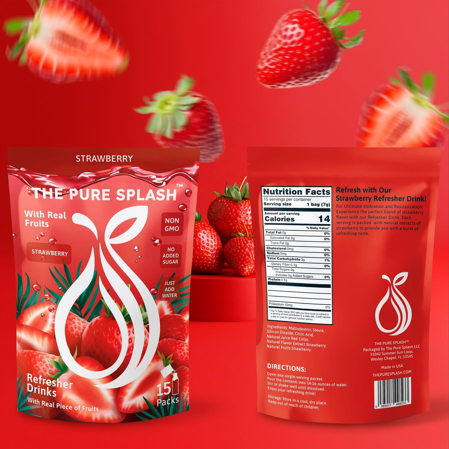 Refresher Drink Strawberry Splash - Natural Strawberry Mix With Real Fruit Pieces - Zero Sugar, Low-Calorie, Non-Gmo - Hydrate B