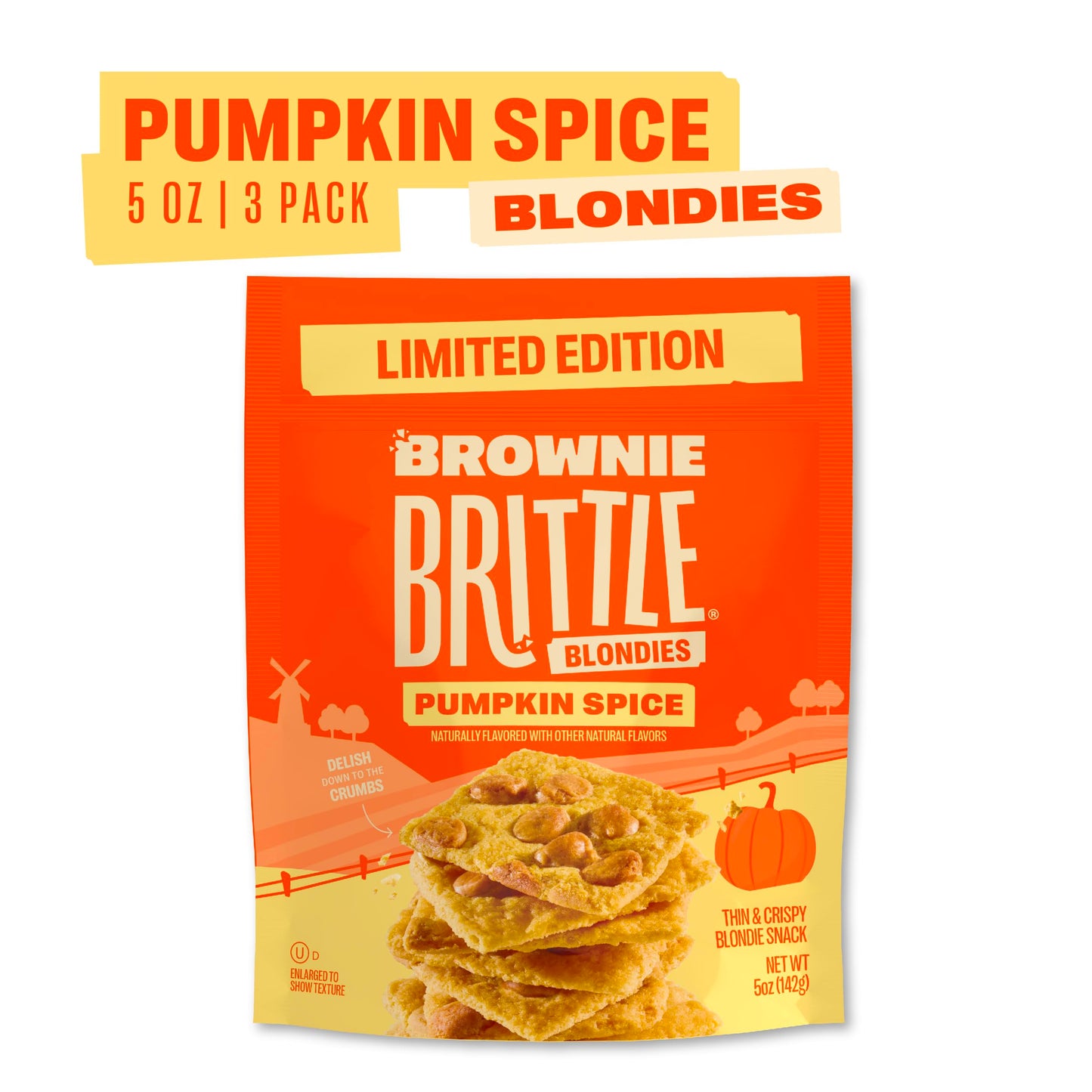 Brownie Brittle - Pumpkin Spice Blondie Thin and Crispy Sweet Snacks (Pack of 3, 5 oz), Rich Gourmet Brownie Bites Dessert