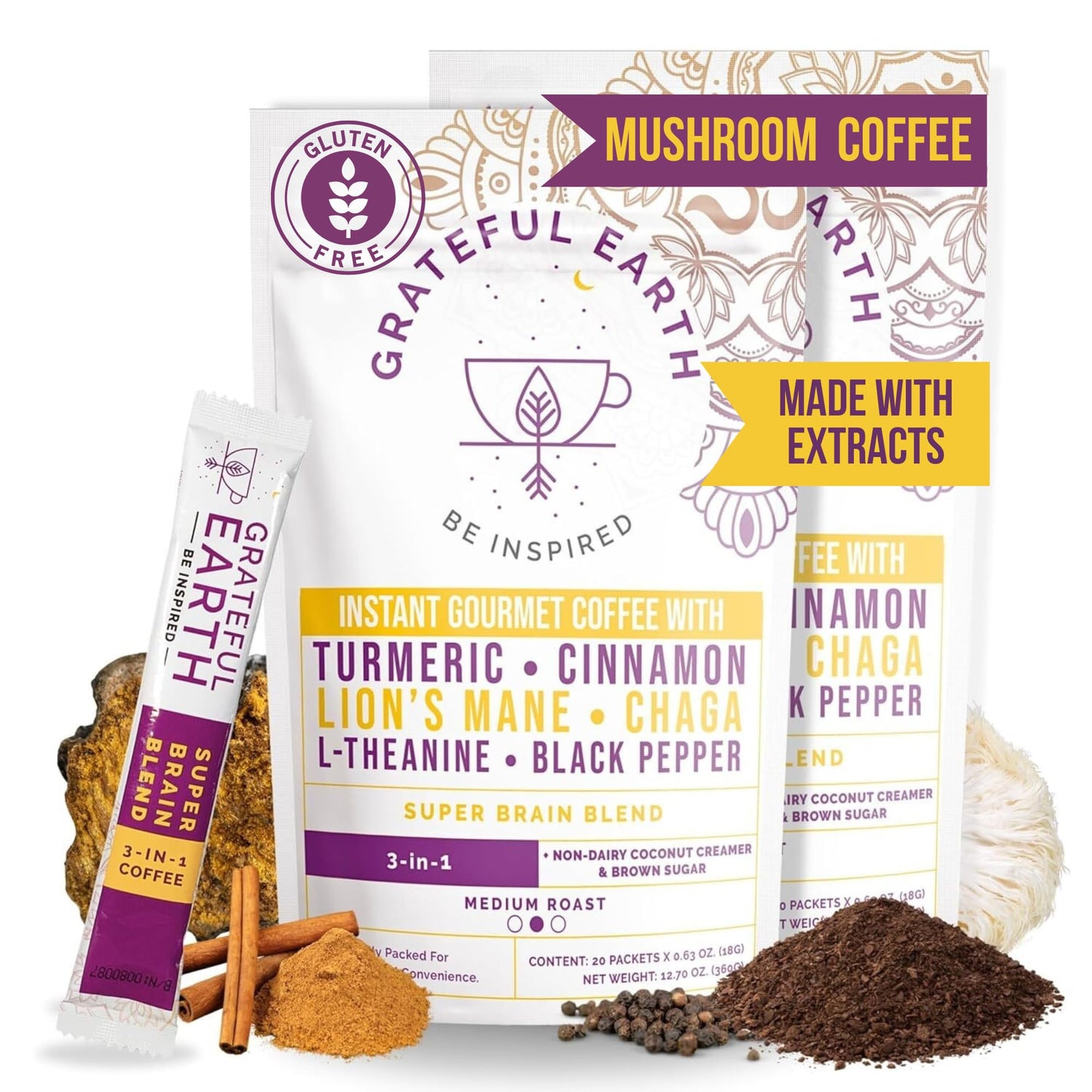 Grateful Earth Mushroom Coffee, Coconut Instant Coffee with Cinnamon & Turmeric, 40 Count (Pack of 2)