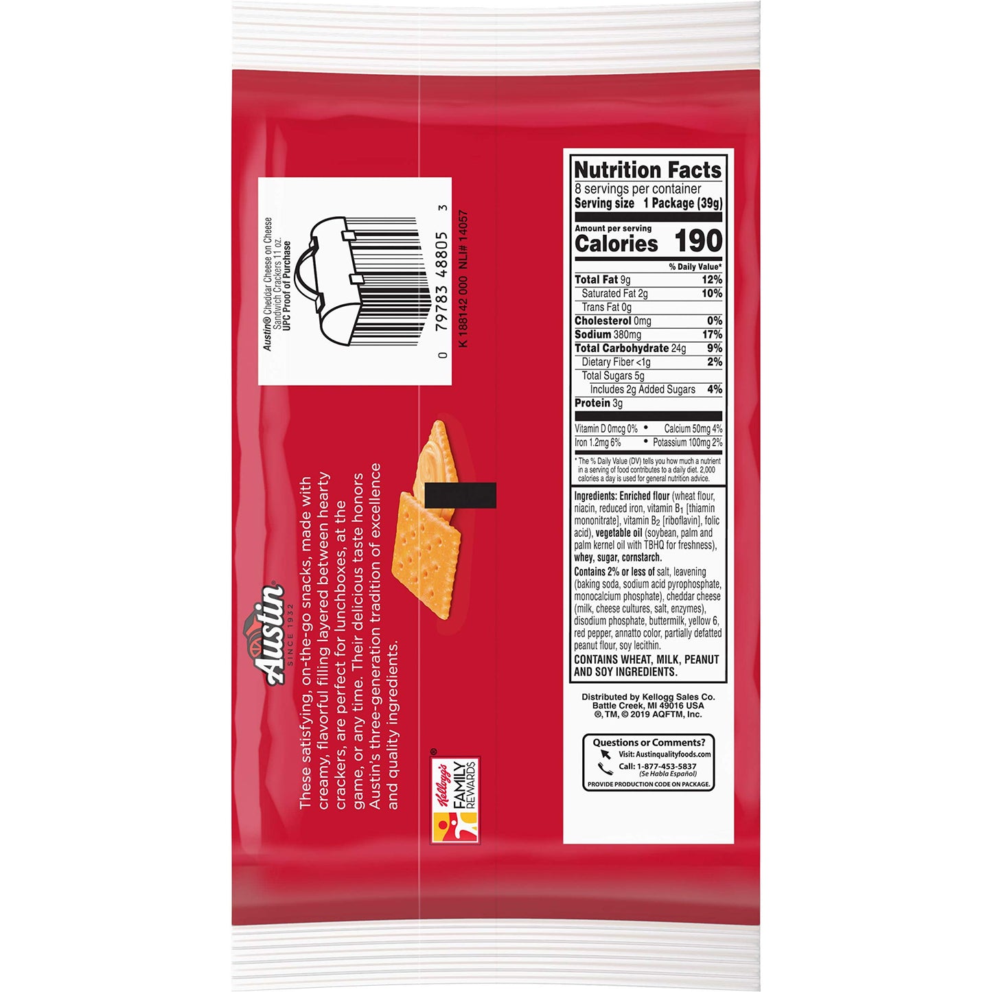 Austin, Sandwich Crackers, Cheddar Cheese on Cheese Crackers, 11oz Tray (8 Count)